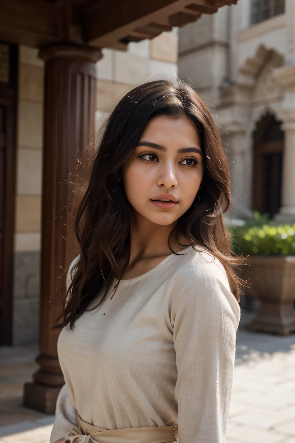 ultra-realistic photographs,Indian Instagram female model,mid 18s,9:16,mid-shot,beautiful detailed eyes,detailed lips,longeyelashes,black curly hair,naturally full eyebrows,perfectly formed nose,expressive face,attractive appearance,confident and elegant posture,graceful movement,vibrant and colorful salwar kameez,rich and intricate embroidery,temple background,serene and spiritual atmosphere,stunning architecture,divine sculptures,soft and natural lighting,vivid colors,photorealistic,HDR,highres,studio lighting,ultra-detailed,bokeh