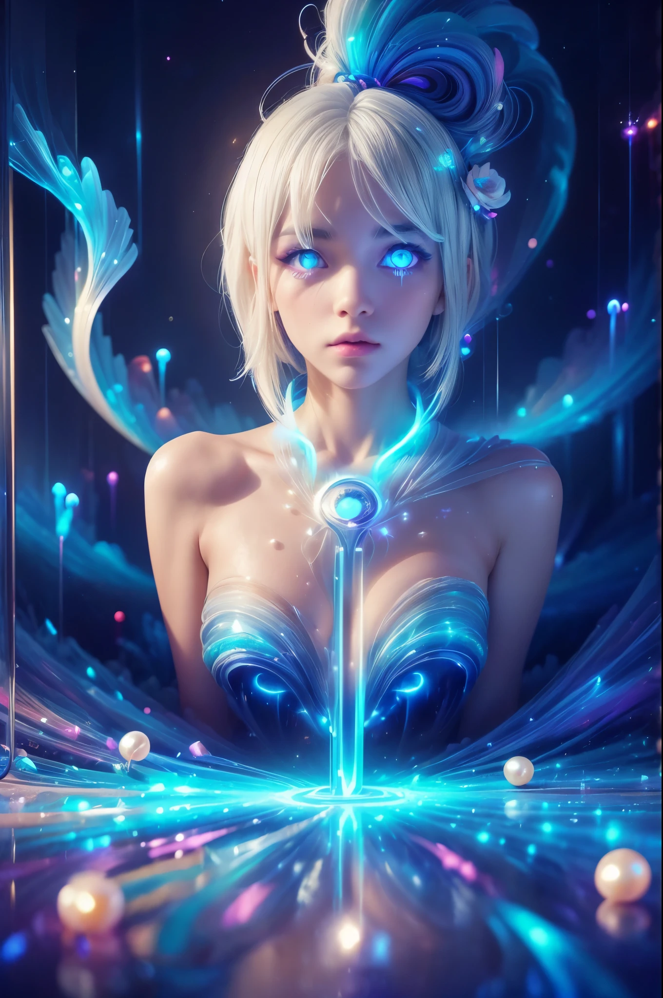 ((Upper Body)), best quality, masterpiece, a japanese woman ((Glowing white hair)), ((Detailed pearly blue eyes)), High Detail Goddess Soul, Focus on character, Solitary, (Style Swirl Magic), Solitary, From the front, Front view, looking at the audience, Delicate face, ((Glowing Lighting Magic Circle Theme)), perched on a ledge, Skinny neon body, Light streaks, Dark Abyss Wanderer Summary, ((Simple Glowing Neon Robe)), Carved with mysterious runes, Outdoor dystopian background,