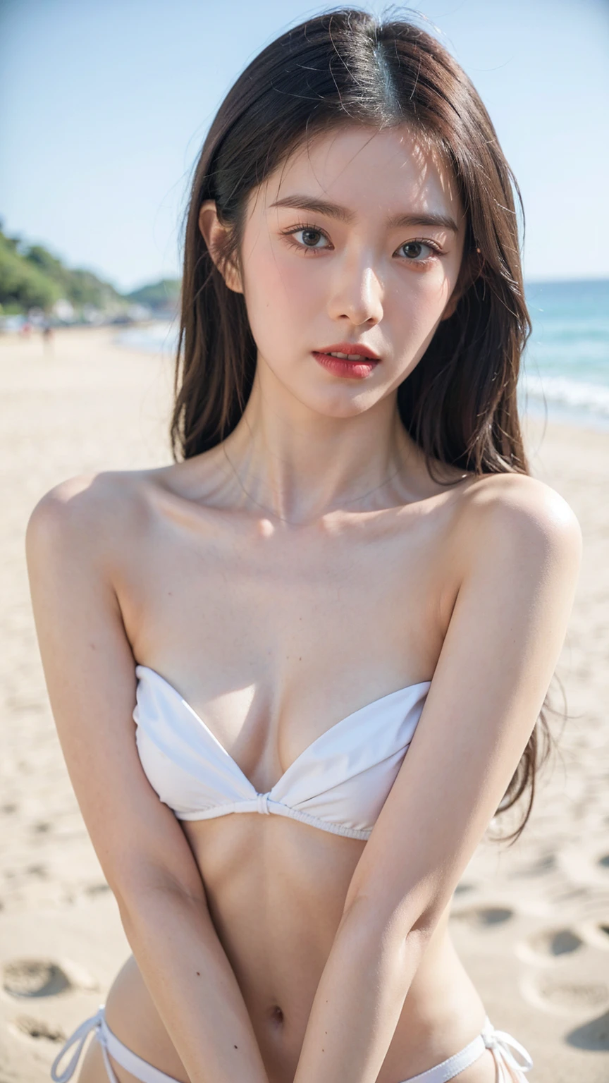 ((1girl)), in topless bikini, instant camera flash, pose at Summer festival, makeup with glossy lip, small breasts, bracelet, (girl in beach:1.4), various angle, ((face focus)), 22 years old, Beautiful Japanese Girl, standing pose, (nsfw:1.4), realistic light, realistic skin tone