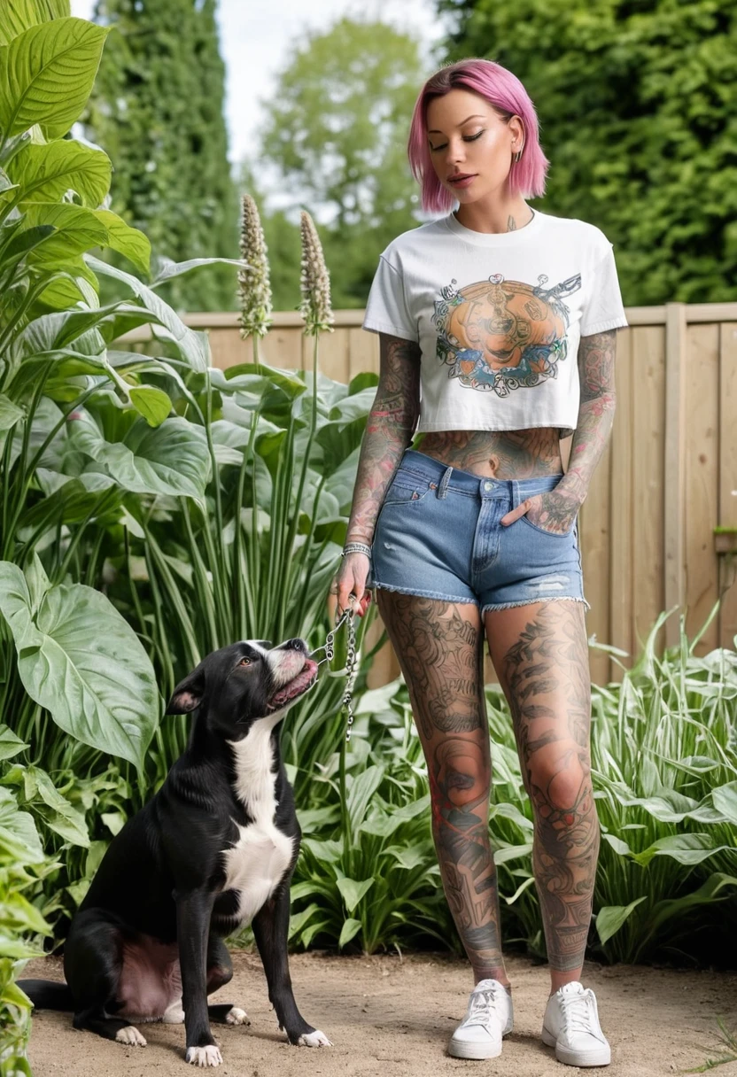 (masterpiece, best quality:1.2), 8K, Laurence bedard, she is at home in the garden feeding her dog wearing denim shorts cropped T-shirt, full body tattoos