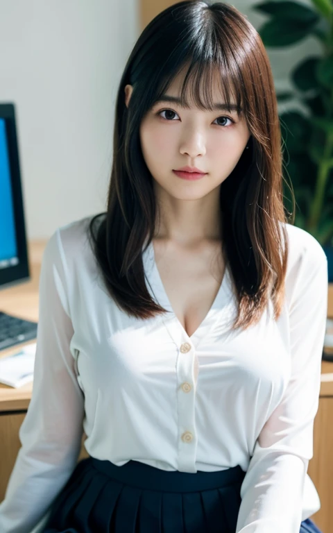 table top, highest quality, 16k, 1 girl, 16, big breasts, Raw photo, professional photography, portrait, late night office、sitting in front of the computer、soft light, professional lighting, alone, 笑face, close, face, close, cute, girly, goddess, delicate girl, pure beauty, Digital single-lens reflex camera, avert your eyes, Frank, Sophisticated, film grain, (目とfaceの詳細:1.0), long hair swaying in the wind, bangs, (tight white blouse、Navy blue loose cardigan)、(navy pleated skirt)、(big breasts:1.5)、cleavage、cute hanging eyes、