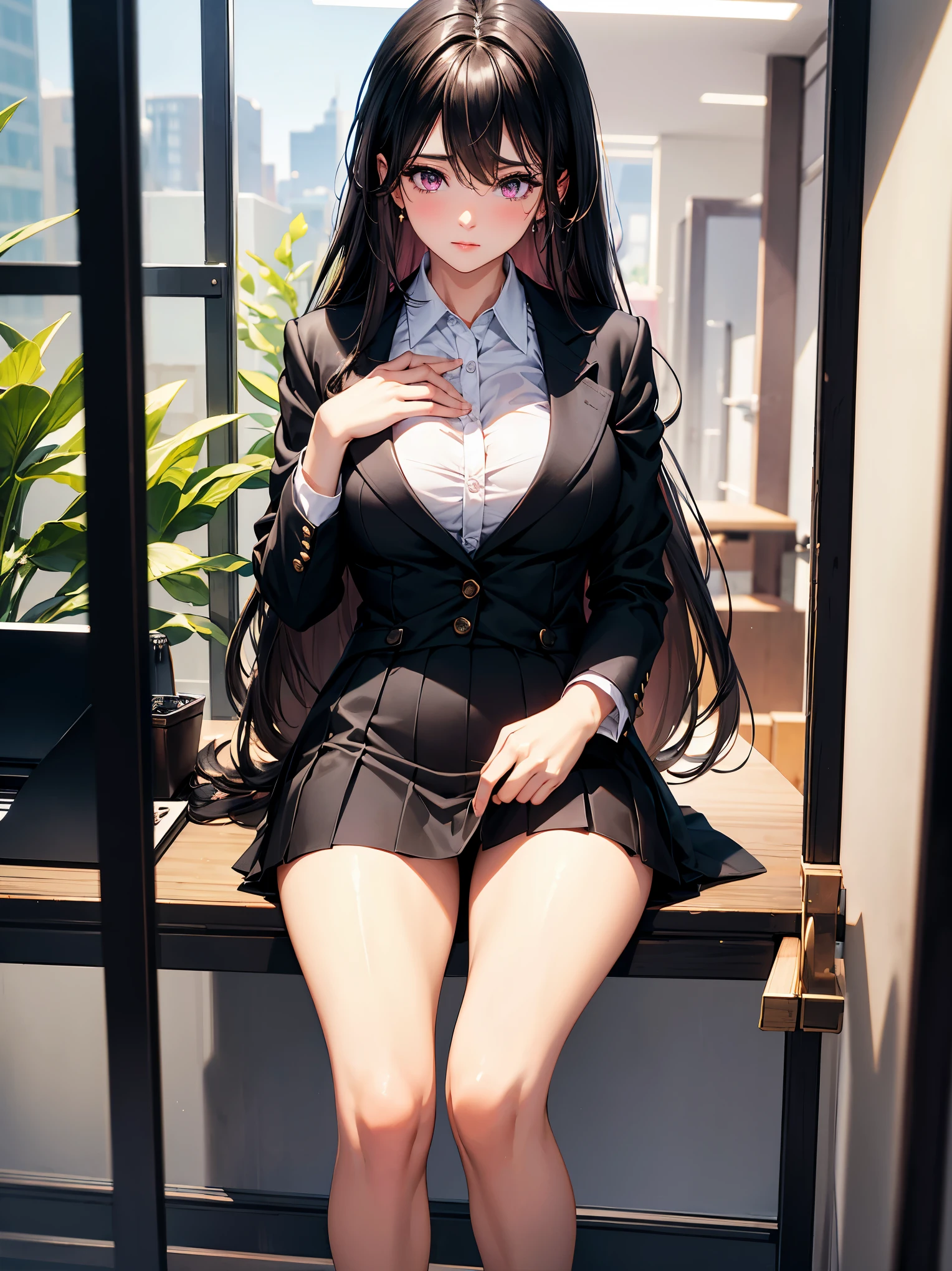 (best quality:1.1), (Masterpiece:1.2), High quality shadow, Beautiful details, Beautiful face, Detailed eyes, depth of field, High resolution, best shadow, best lighting, 1 girl, see viewers, black hair, smooth, blunt, long hair, pink eyes, shy, big breasts, black short skirt, Women's blouses, fashion suit jacket, pump, office woman,rift, office background