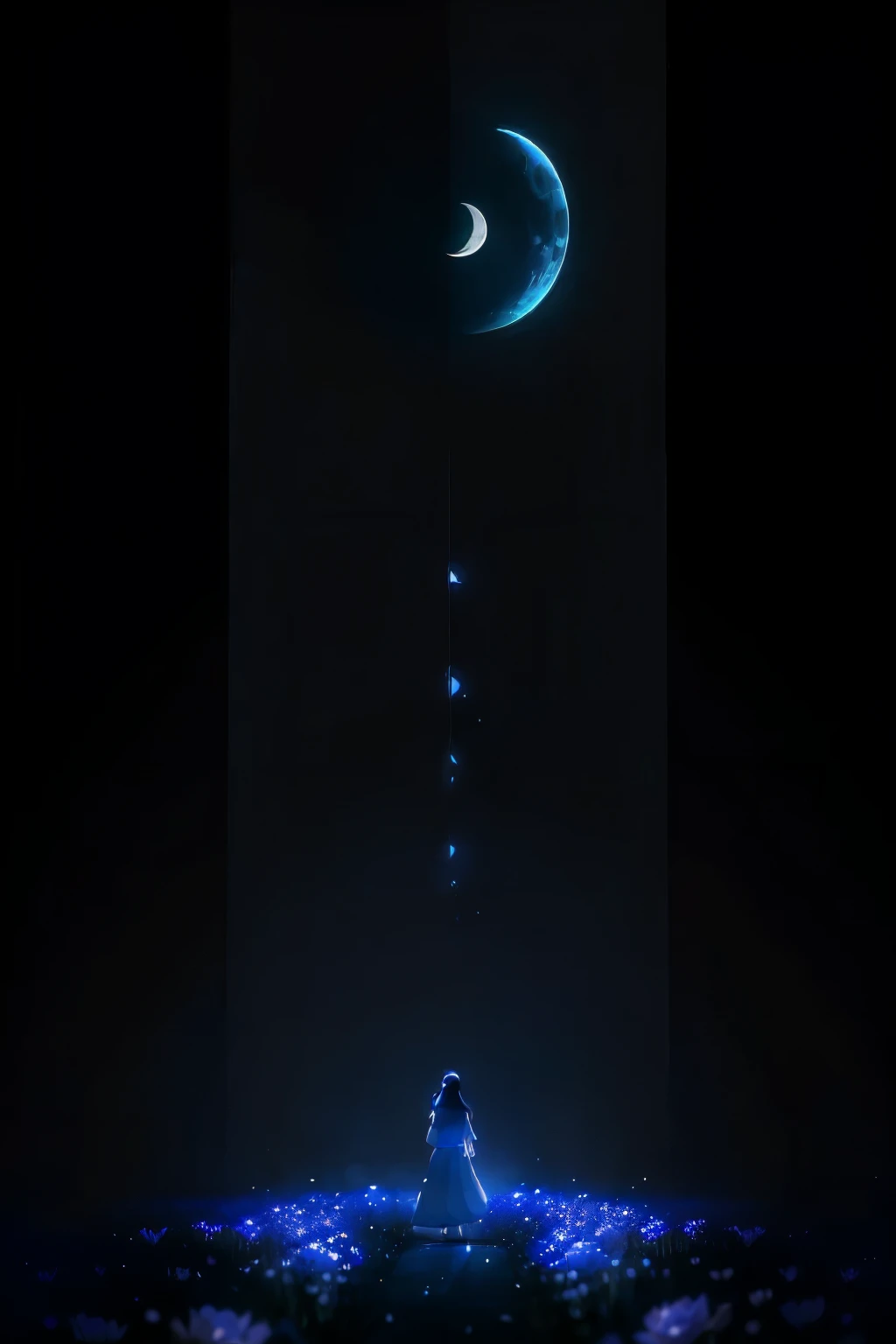 Picture a serene scene of a quiet night with a gentle touch on the shoulder, accompanied by a whisper of thanks that warms the heart. In the foreground, a bouquet of baby's breath blooms in blue, their petals soft and dreamy in the surreal nightscape. The crescent moon casting a gentle glow on the scene, adding to the delicate and whimsical composition. In the background, 2D animation reminiscent of Japanese girls' manga brings a sense of tranquility and wonder to the image. The overall effect is a beautiful and touching scene that captures the beauty of a simple moment and the power it holds in our hearts.

Image Description: A still night scene