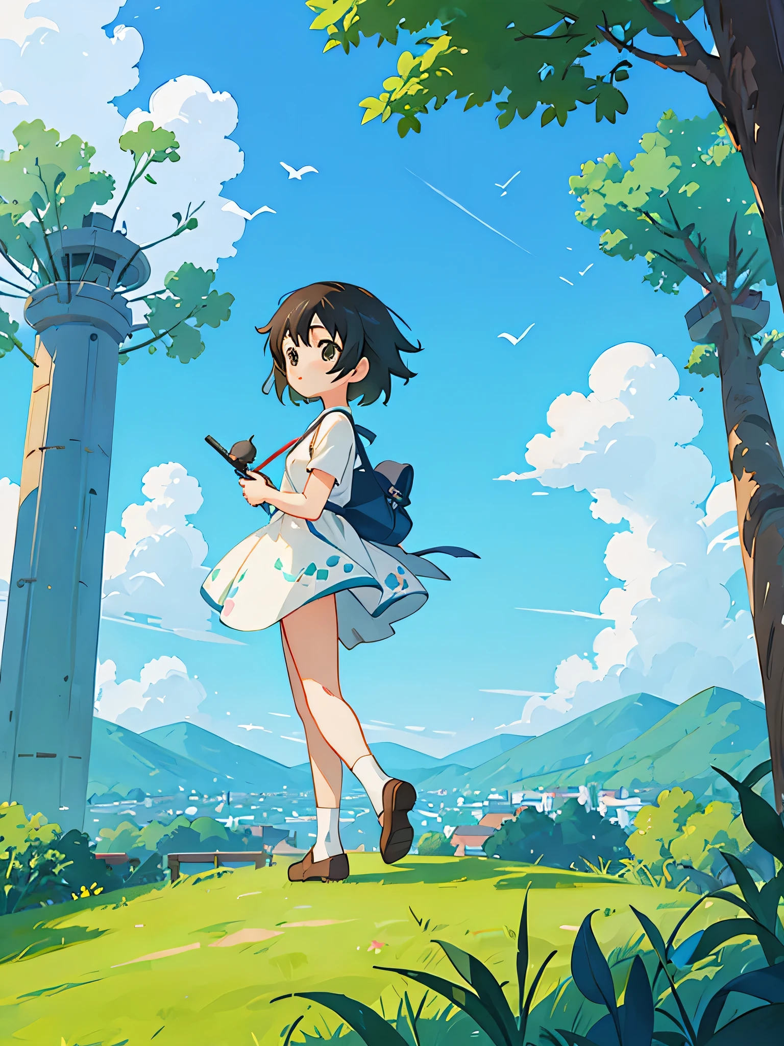 Makoto Shinkai style, Kawaii Design, most beautiful girl ever、Chibi, birdie、High walls