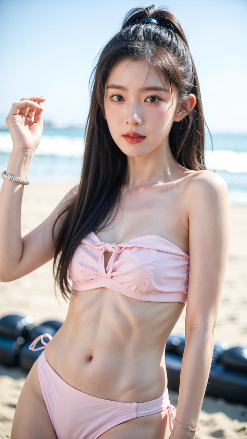 ((1girl)), in topless bikini, instant camera flash, pose at Summer festival, makeup with glossy lip, small breasts, bracelet, (girl in beach concert:1.4), various angle, ((face focus)), 22 years old, Beautiful Japanese Girl, standing pose, (nsfw:1.4), realistic light, realistic skin tone