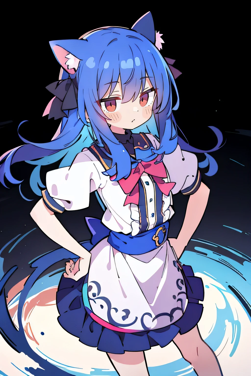 (masterpiece),best quality, expressive eyes, perfect face, 1girl,
Put your hands on your waist,fair, Gorgeous,Japanese cartoons,girl,lola,Hina Angel, blue hair, blue haired, floating clothes,Grab your waist, Grab your waist, hands on hips , hands on hips,sit, sit on ground, Legs on the ground, flat chest,cat ears,dark blue eyes,