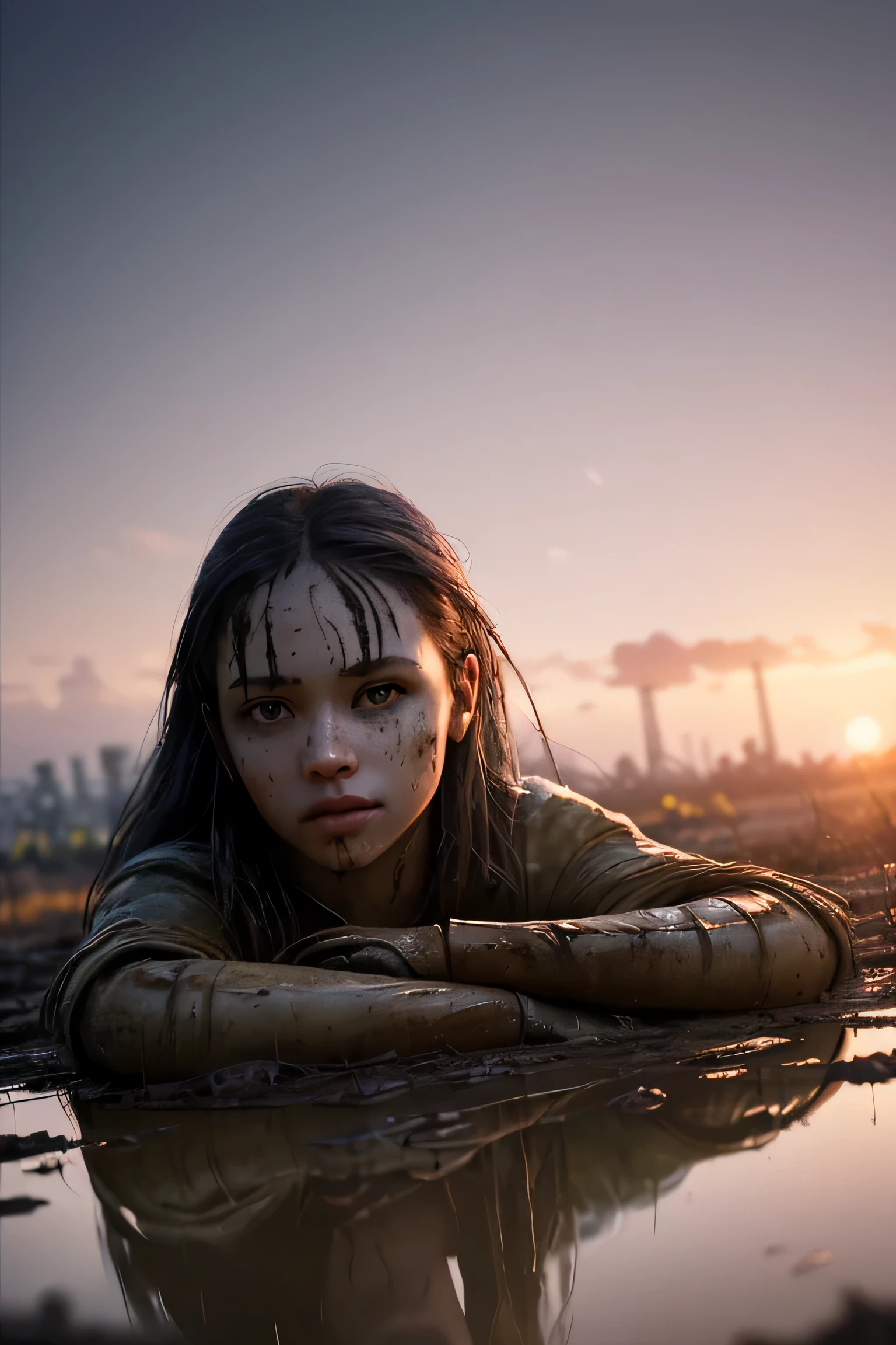 (masterpiece), (very complicated:1.3), (realistic), girl portrait, lying on her back floating on the surface of the mire, (dynamic perspective), the most beautiful in the world, (clothes covered with mud), from above, upper body, navel, outdoor, intense sunlight, distant factory group, Stunning female professional photo details, sharp focus, dramatic, Award history, cinematic lighting, Octane Rendering Unreal Engine, volumetrics dtx, (film grain, blurred background, blurred foreground, Bokeh, Depth of the bounds written, sunset, motion blur:1.3)
