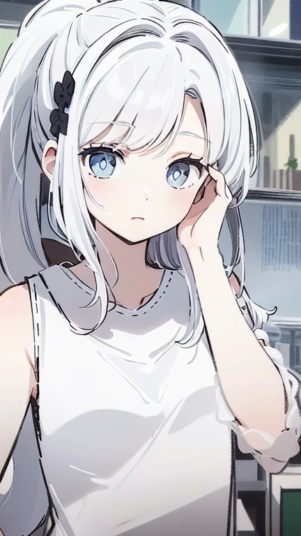 ((masterpiece, best quality))++, Detail lights+, detail hair+, Detail hand+ ,1 girl, long gray hair, dark blue eyes, beautiful eyes, Young gray hair,,(beautiful white hair:1.5),(beautiful eyes), high resolution+, , Glass tones, Reflective eyeanyery detail wallpaper, The original, ,Headband ,Nature,Beautiful aurora,single ponytail,city street