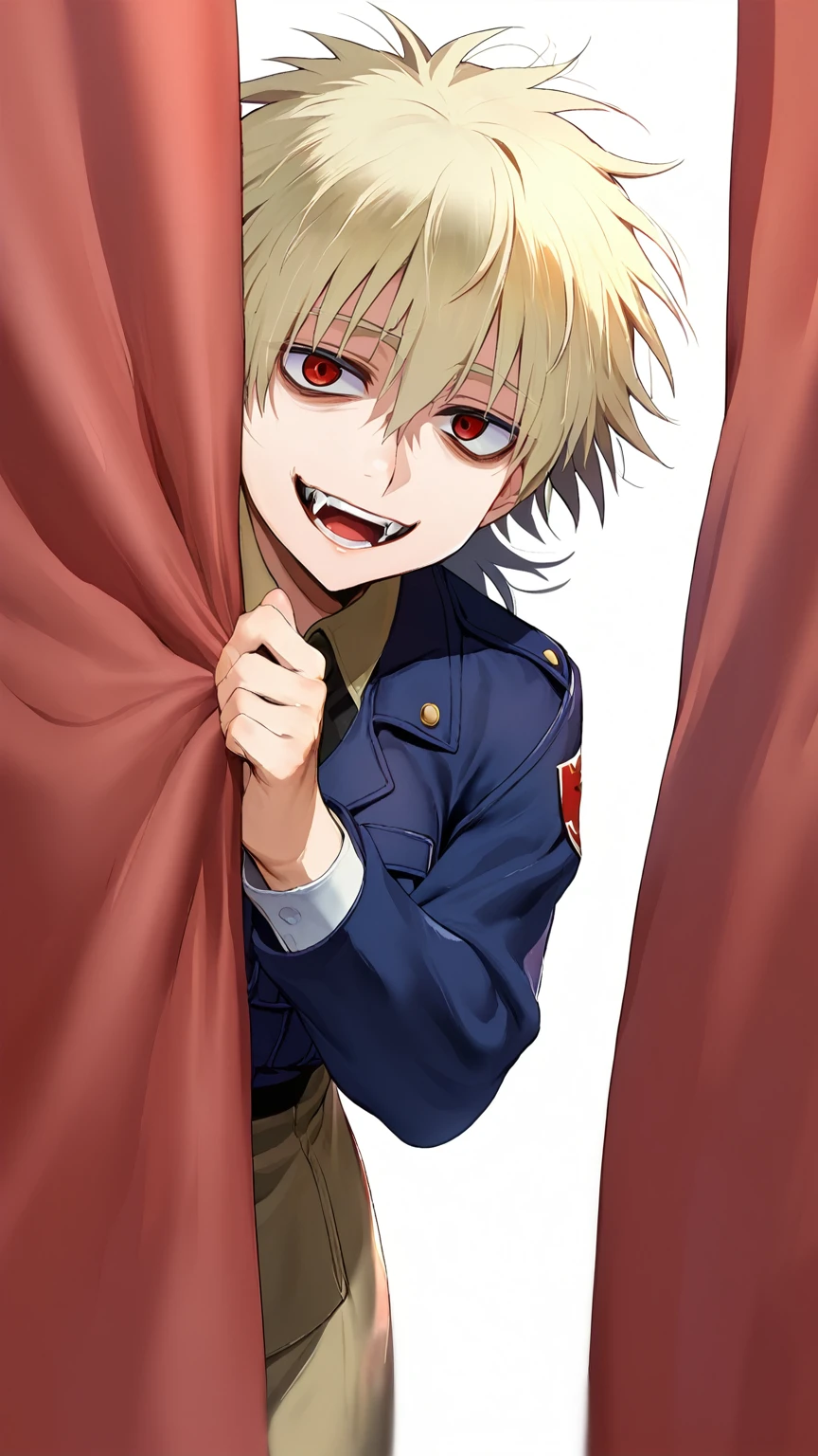 score_9_up score_8_up score_7_up, 1girl hellsing, messy hair, seras, just woke up, tired,  vampire, fangs, detailed, iku, ikuchan, peeking out, curtains, smile
