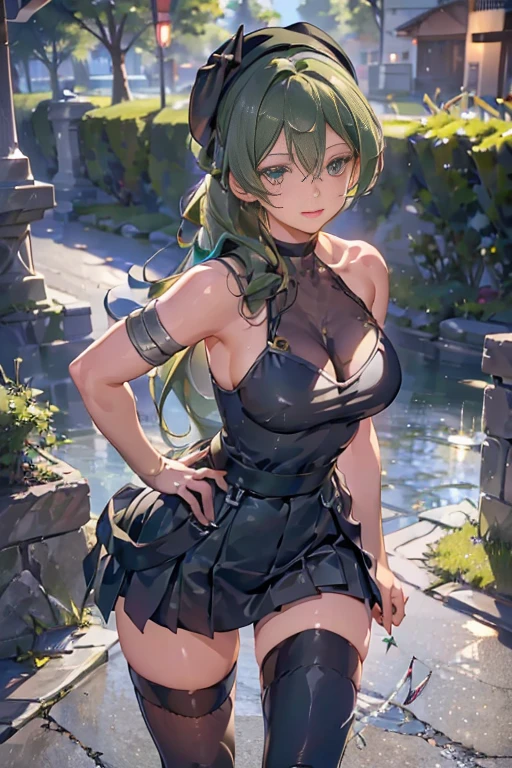 ((1 girl)),(best quality, highres, masterpiece:1.2), ultra-detailed, (realistic:1.37) illustration, erotic style, soft lighting, sweat glistening on her body, gentle warmth, mysterious, ubel,dark green hair,long hair,side ponytail,hair between eyes,bangs, (beret, black jacket, open clothes, cleavage, midriff, black shorts, black thighhighs, thigh strap, fingerless gloves, single glove:1.2), blurry background, pose, hand on hip, (masterpiece:1.2), best quality, high resolution, unity 8k wallpaper, (illustration:0.8), (beautiful detailed eyes:1.6), extremely detailed face, perfect lighting, extremely detailed CG, (perfect hands, perfect anatomy)