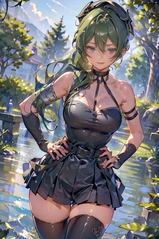 ((1 girl)),(best quality, highres, masterpiece:1.2), ultra-detailed, (realistic:1.37) illustration, erotic style, soft lighting, sweat glistening on her body, gentle warmth, mysterious, ubel,dark green hair,long hair,side ponytail,hair between eyes,bangs, (beret, black jacket, open clothes, cleavage, midriff, black shorts, black thighhighs, thigh strap, fingerless gloves, single glove:1.2), blurry background, pose, hand on hip, (masterpiece:1.2), best quality, high resolution, unity 8k wallpaper, (illustration:0.8), (beautiful detailed eyes:1.6), extremely detailed face, perfect lighting, extremely detailed CG, (perfect hands, perfect anatomy)