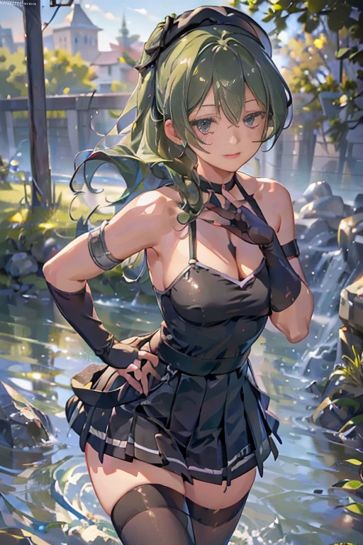 ((1 girl)),(best quality, highres, masterpiece:1.2), ultra-detailed, (realistic:1.37) illustration, erotic style, soft lighting, sweat glistening on her body, gentle warmth, mysterious, ubel,dark green hair,long hair,side ponytail,hair between eyes,bangs, (beret, black jacket, open clothes, cleavage, midriff, black shorts, black thighhighs, thigh strap, fingerless gloves, single glove:1.2), blurry background, pose, hand on hip, (masterpiece:1.2), best quality, high resolution, unity 8k wallpaper, (illustration:0.8), (beautiful detailed eyes:1.6), extremely detailed face, perfect lighting, extremely detailed CG, (perfect hands, perfect anatomy)