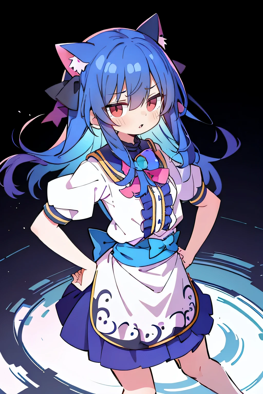 (masterpiece),best quality, expressive eyes, perfect face, 1girl,
Put your hands on your waist,fair, Gorgeous,Japanese cartoons,girl,lola,Hina Angel, blue hair, blue haired, floating clothes,Grab your waist, Grab your waist, hands on hips , hands on hips,sit, sit on ground, Legs on the ground, flat chest,cat ears,dark blue eyes,