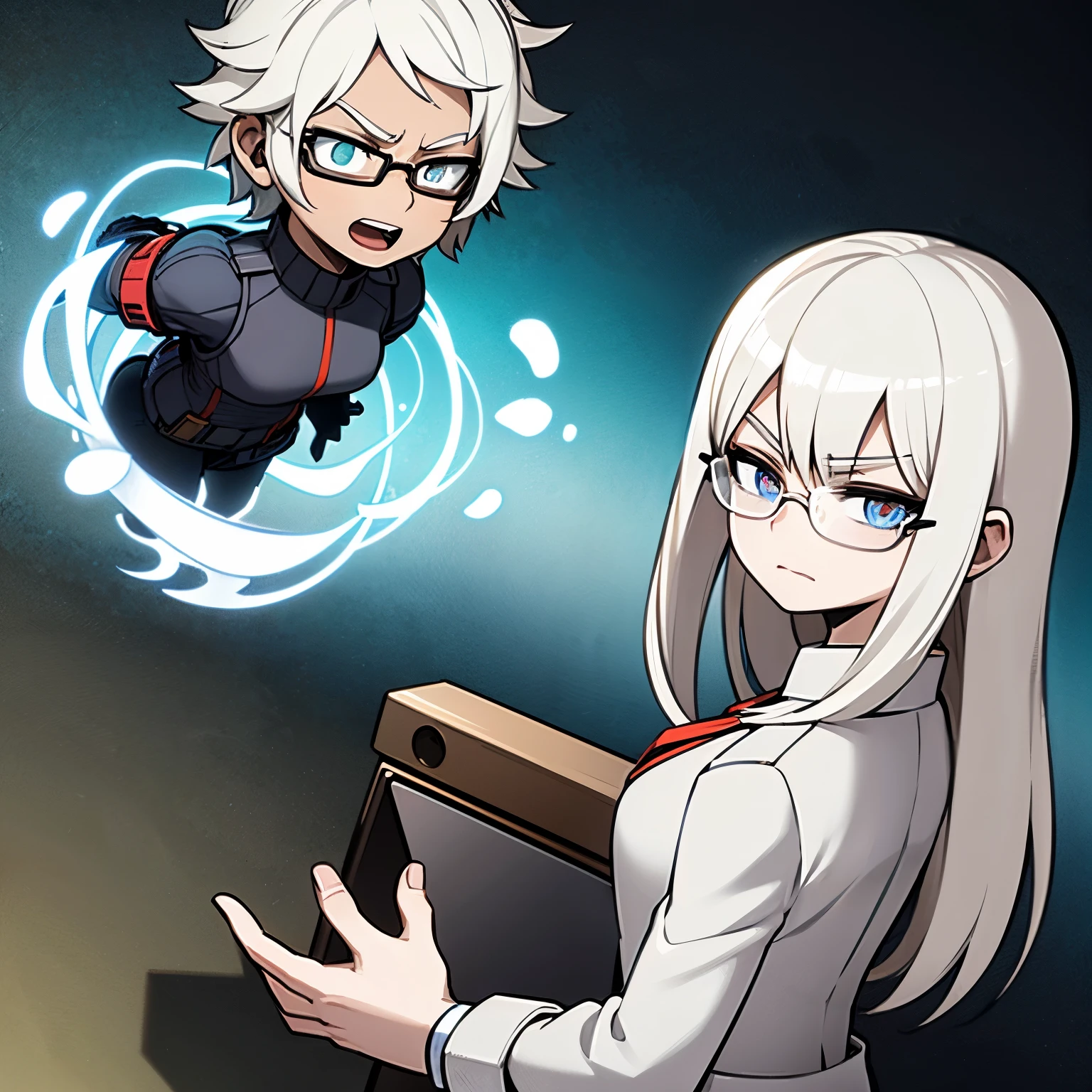 Anime, teenager, appears to be , full body, short shoulder-length hair, layered hair, wavy hair, white hair, sky blue locks, sky blue eyes, light skin, clear glasses. personality; charismatic, empathetic, happy, serious, mysterious, strange, intelligent, flexible, sincere, honest, reliable. Boku no hero Academia style.