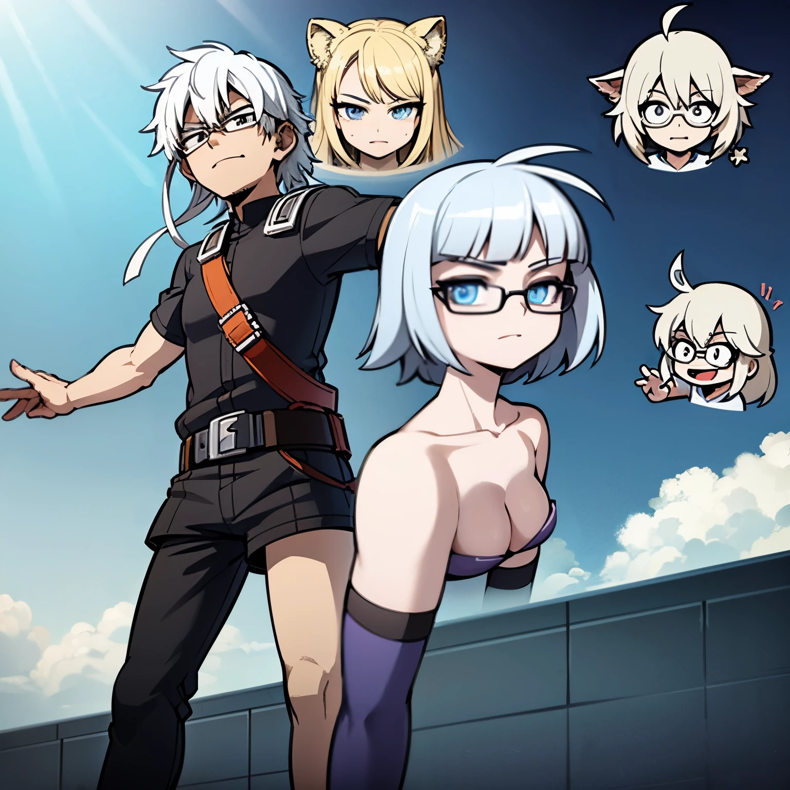 Anime, teenager, appears to be , full body, short shoulder-length hair, layered hair, wavy hair, white hair, sky blue locks, sky blue eyes, light skin, clear glasses. personality; charismatic, empathetic, happy, serious, mysterious, strange, intelligent, flexible, sincere, honest, reliable. Boku no hero Academia style.