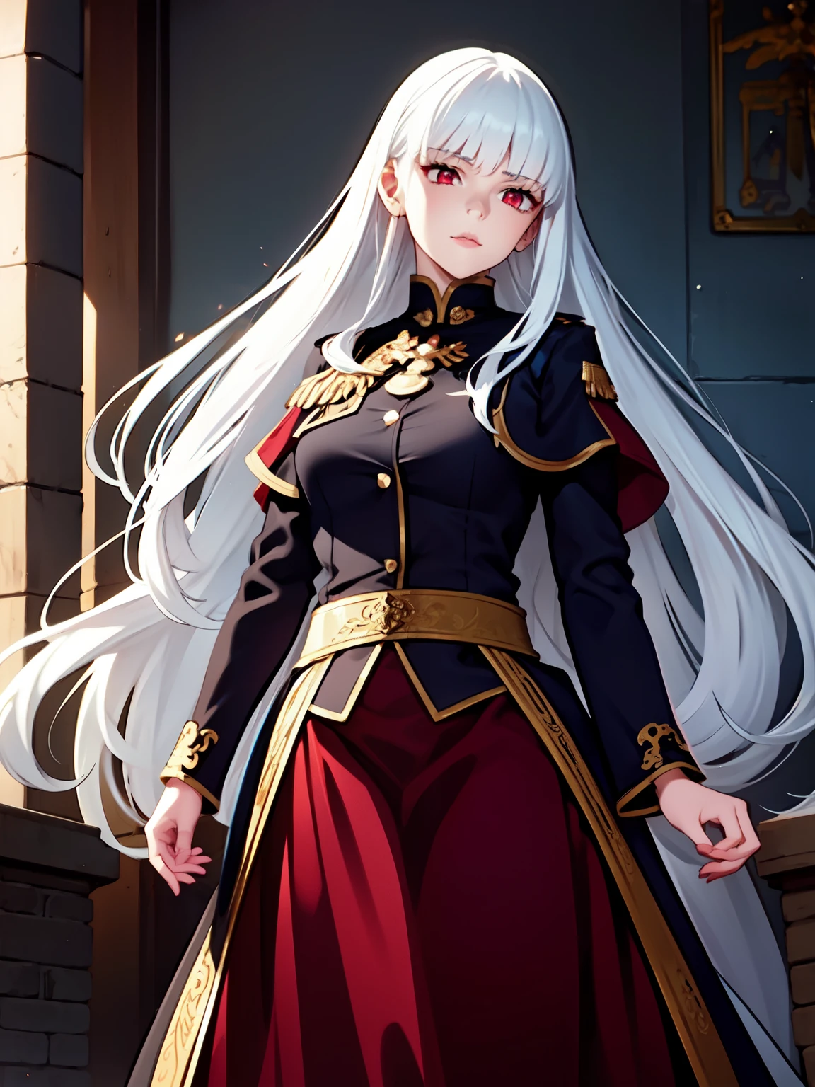 Woman standing on a throne, ((White hair)), Long wavy hair, ((Crimson red eyes)), rebel attitude, royal bloodline, slightly formal looking, sensual sight, medium breasts, high shot, (face visible), 4k, masterpiece, (((25-year-old))), (realistic), ((ultra high quality))