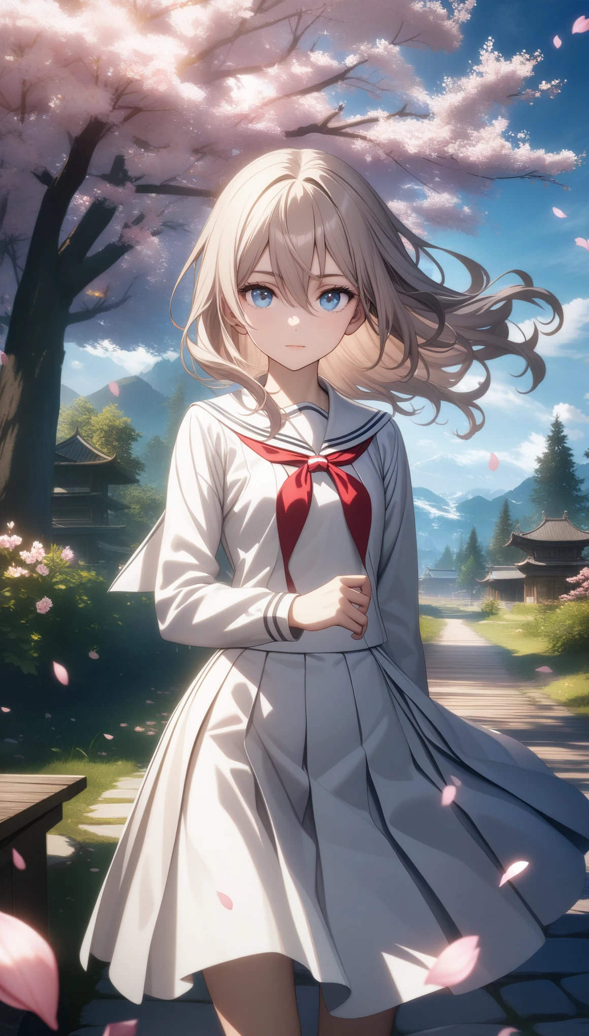 32k, best quality, ultra high res, HDR, UHD, extremely detailed CG, unity 32k wallpaper, solo, hair between eyes, blue eyes, closed mouth, standing, flower, outdoors, sky, cloud, tree, petals, floating hair, cherry blossoms, pink flower, (white sailor suit),