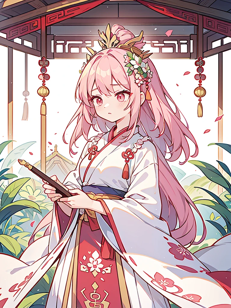 araffe woman in a pink dress with a flower crown on her head, a colorized photo inspired by Lan Ying, trending on cg society, realism, hanfu, palace , a girl in hanfu, ancient chinese princess, a beautiful fantasy empress, ancient china art style, ancient asian dynasty princess, chinese empress, white hanfu, chinese princess,looking down,