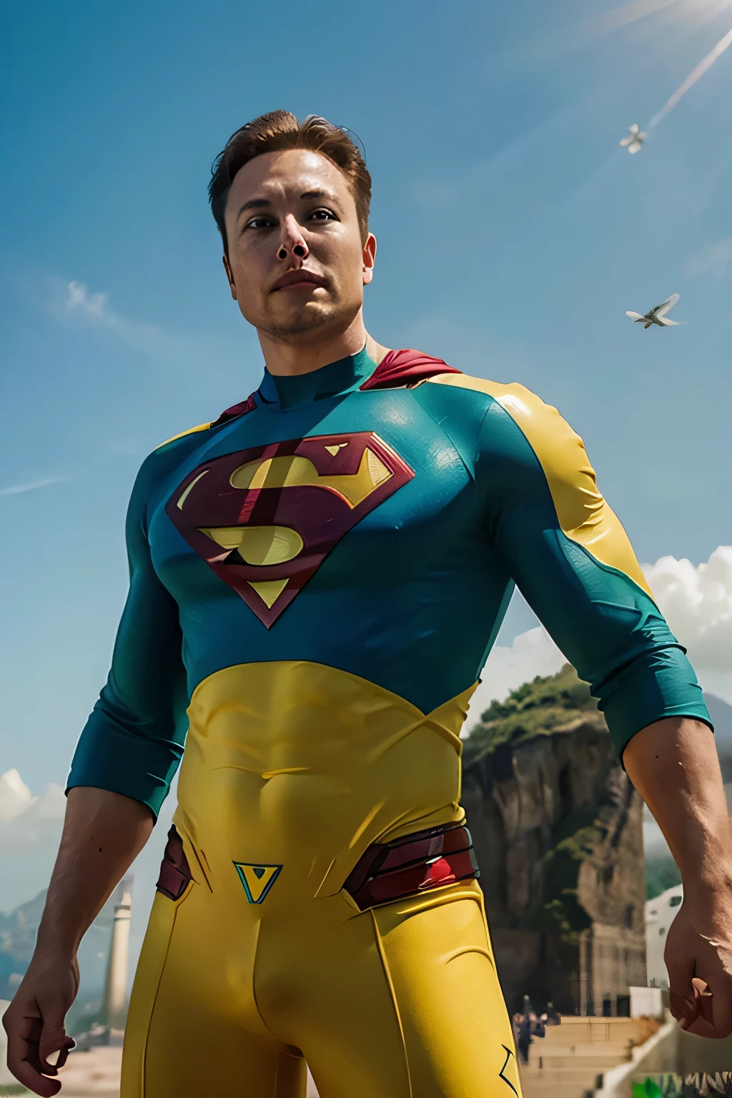 Imagine Elon Musk as Superman in a green and yellow uniform inspired by the Brazilian flag, soaring above the iconic Christ the Redeemer statue in Rio de Janeiro. Picture him using his superpowers to protect and preserve this symbol of Brazil, showcasing a fusion of technology and nature. Let your imagination run free as you envision this creative concept through illustrations or digital art, capturing the essence of strength, innovation, and unity.