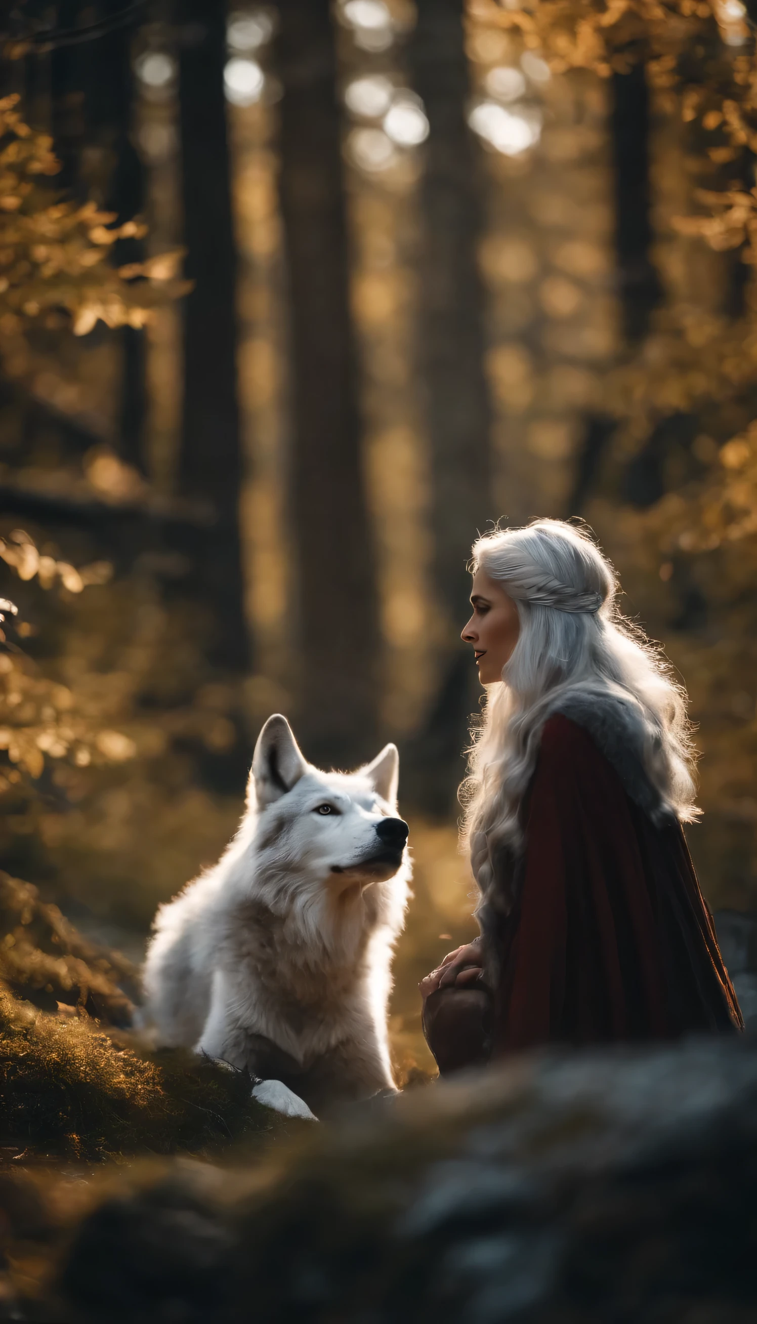 Beautiful 8K Ultra HD professional photos, Sharp focus, In a stunning fantasy world, A cute silver-haired girl,There are real demon horns and a mysterious 1 giant wolf, A joyful smile, In bright natural light