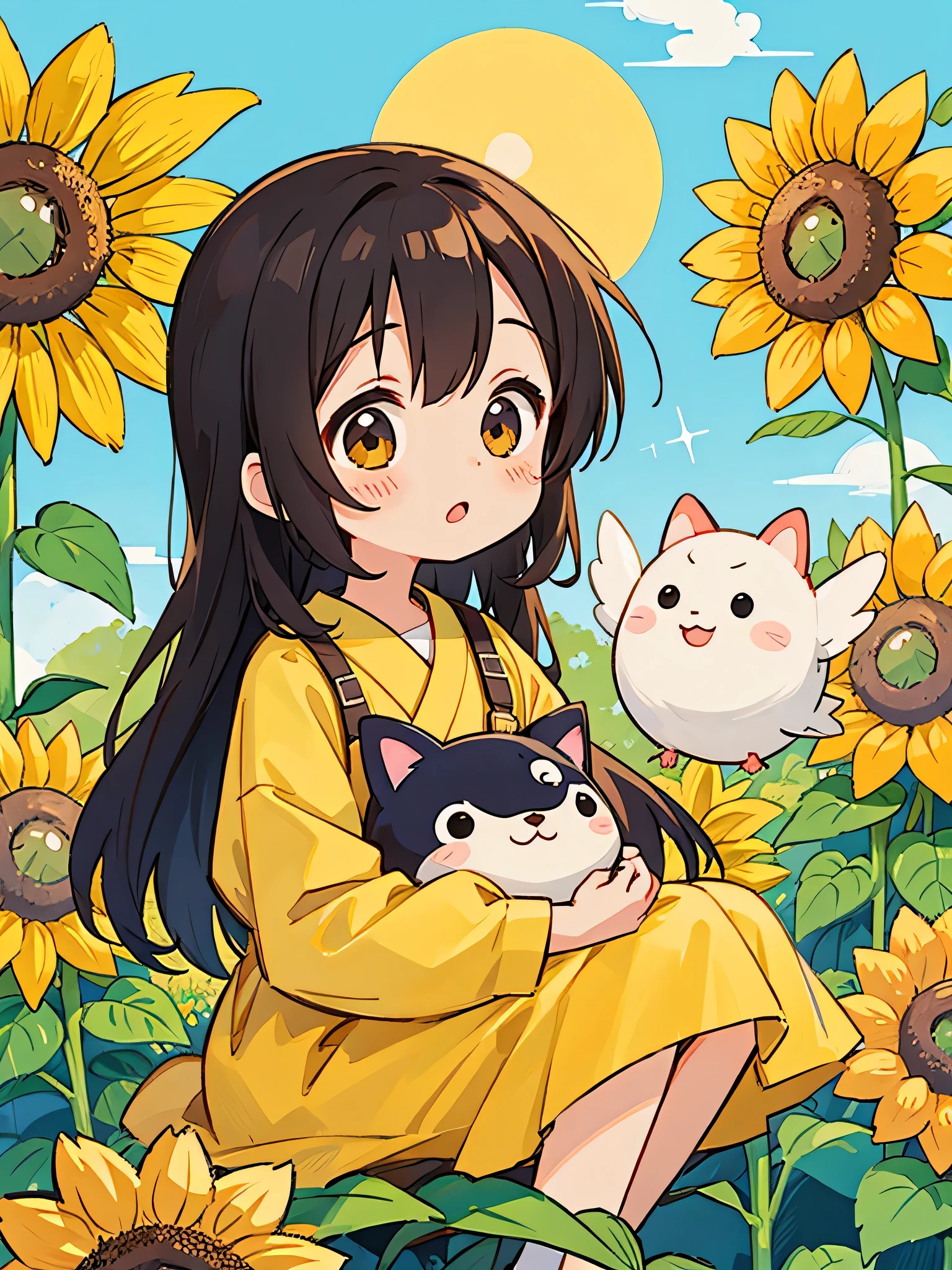 Machiko Satonaka style, Kawaii Design, most beautiful girl ever、Chibi, kind eyes、birdie、sunflower、sun
