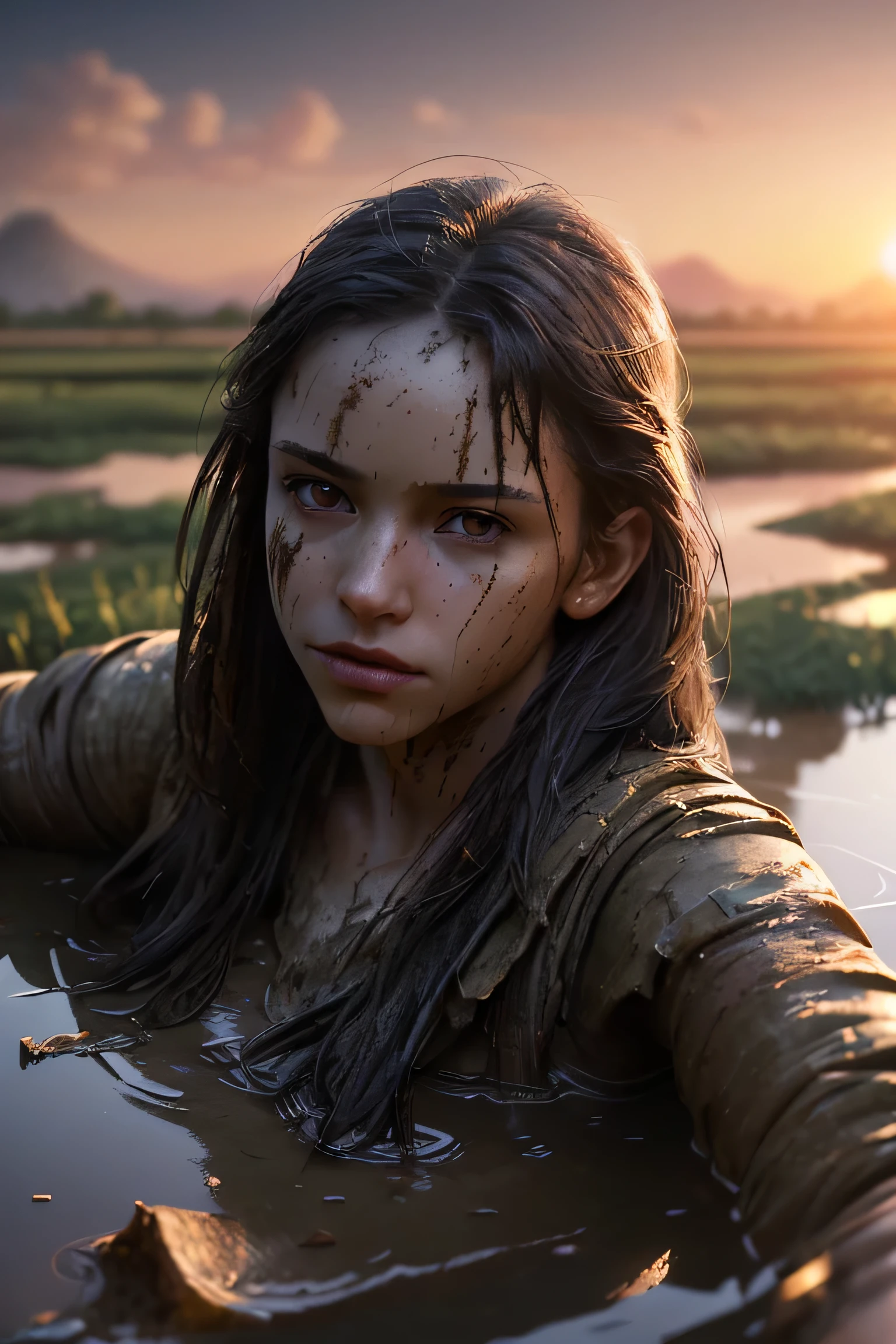 (masterpiece), (very complicated:1.3), (realistic), girl portrait, lying on her back floating on the surface of the mire, (dynamic perspective), the most beautiful in the world, (clothes covered with mud), from above, upper body, navel, outdoor, intense sunlight, distant factory group, Stunning female professional photo details, sharp focus, dramatic, Award history, cinematic lighting, Octane Rendering Unreal Engine, volumetrics dtx, (film grain, blurred background, blurred foreground, Bokeh, Depth of the bounds written, sunset, motion blur:1.3)