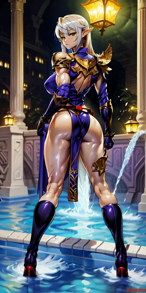 masterpiece, best quality, high quality, 1solo dark black SKIN elf, long hair, white hair, yellow eyes, full body, breastplate, looking at viewer, shiny, armor, thigh highs, high boots, shoulder armor, faulds, poleyn, gloves, gauntlets, (((1 girl))), medium to large breasts, a beautiful and cute lady, standing, (((in the pool at night))), (big muscular ass), {{{wearing armor }}} (thin waist), (incredibly beautiful full body photo, standing, (((bright eyes))), good anatomy, perfect hand muscular legs))), thin waist, muscular abdomen, wearing black high heel shoes, (((with her back to me showing her big shapely ass to me))), grabbing own ass