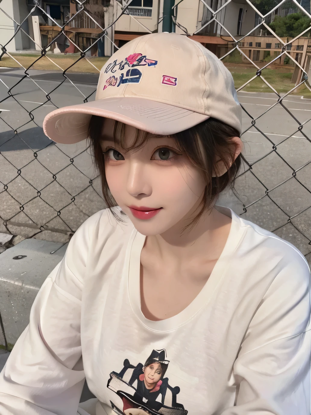 Best image quality、original photo、ultra high resolution、21 years old Korean、small breasts、dynamic angle、Cowboy shooting、The most beautiful form of chaos、elegant、Innovative design、bright colors、,light brown short hair、disheveled hair、light brown eyes 、black baseball cap(Facial expressionSmile)、short bob、Smile、Fair and shiny skin、beautiful eyes，random colors、The details are very beautiful、thin lips、Delicate and beautiful eyes、elongated eyes、Pale pink cheeks、long eyelashes、beautiful double eyelids、eye shadow、he、White Large T-shirt Sweatshirt、baggy pants、Shot from the side、sexy pose、enlarge