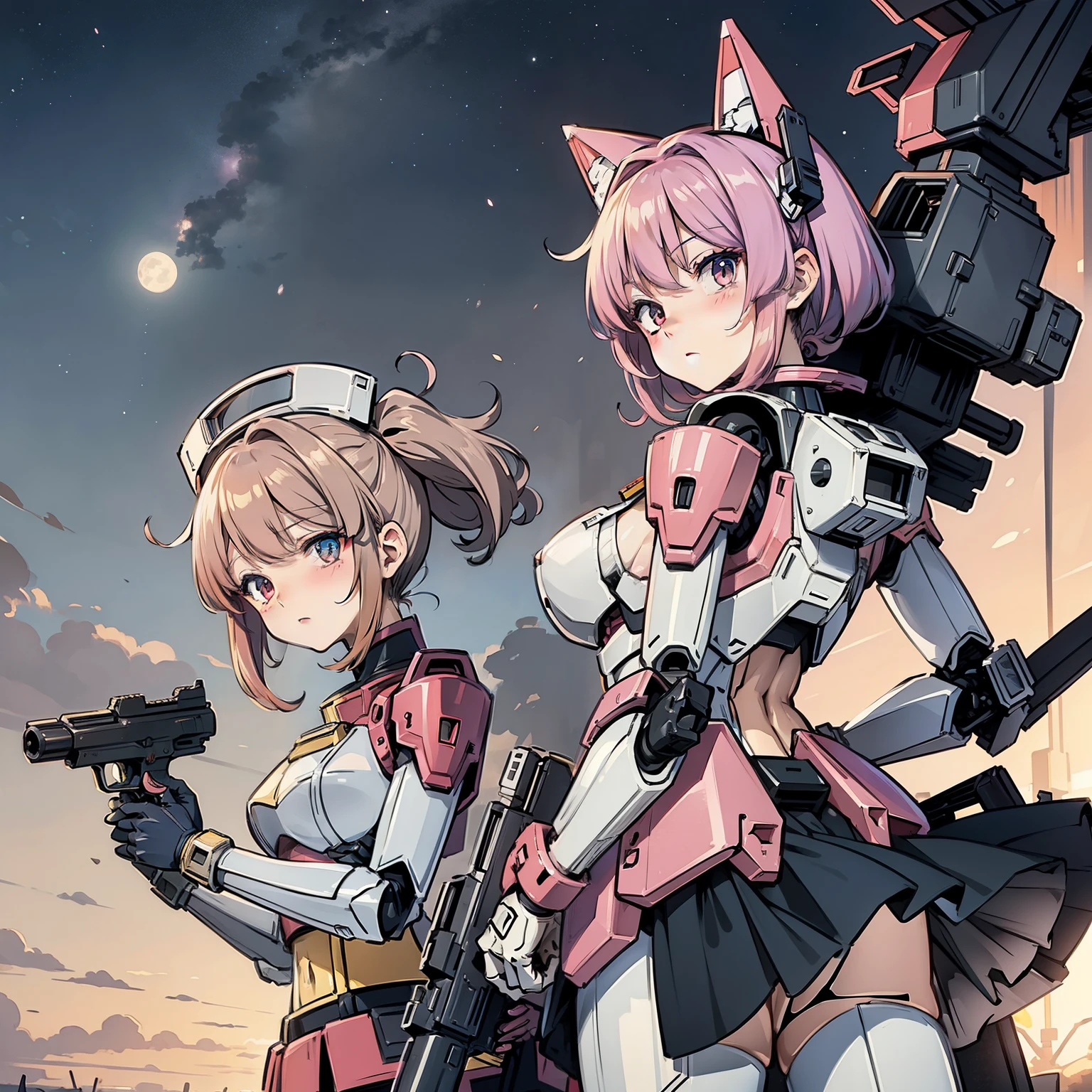 A picture of a man holding a gun and a gun, Streamlined pink armor, modern Mecha anime, cool Mecha style, female Mecha, gundam armor, Gundam, anime mecha armor, # Mecha, 荒坂Mecha, EVA Unit-00 at the back, anime comics!! anime girl, an anime large Mecha robot, gundam style