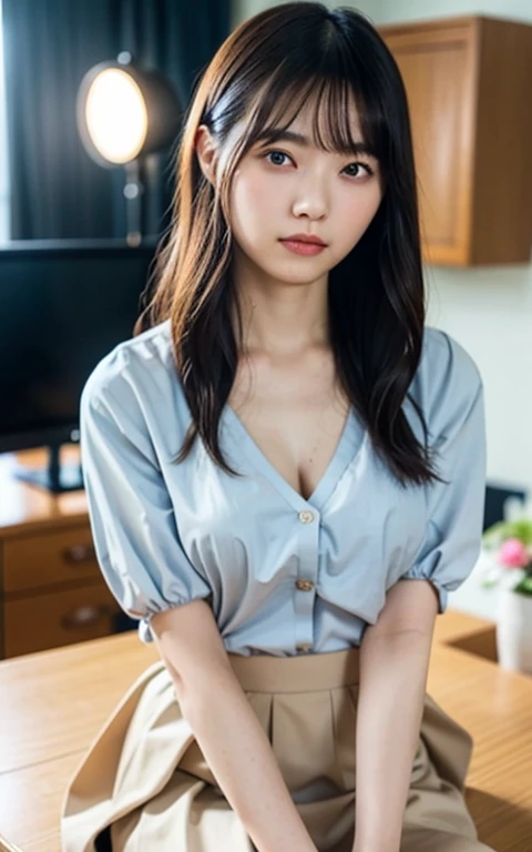 (Masterpiece, Professional lighting, 16K, 8k wallpaper, raw photo, photorealistic:1.8, ultra detailed, natural gentle lighting, detailed skin, detailed face, detailed eyes, textured skins, cinematic composition, detailed background:1.2 ), (High school girl inside auditorium:1.4, luxury furniture, Japanese highschool uniform:1.1 cleavage), looking at viewer, Shy face, laughing , smiling, embarrassed, grin:0.7, silky skins, no makeup, glossy lips, group shot, (identical , blouse, see through:0.9), (naked :0.3), ((attractive feminine body)), laced bra, silky panties, ((wearing identical seifuku, spread legs, pleated skirt, black stockings, blouse, see through, roafur)), STRAIGHT ponytail, long hair, Nude, nipples visible, genitalia visible, not wearing bra, not wearing panties, lying on bed, viewer can see female genitalia and nipples, front, provocative smile on viewer's face, Full body figure, baby face, Bold Pose, Big breasts, Crotch open, Squatting cowgirl, Slender body, cute, Beauty