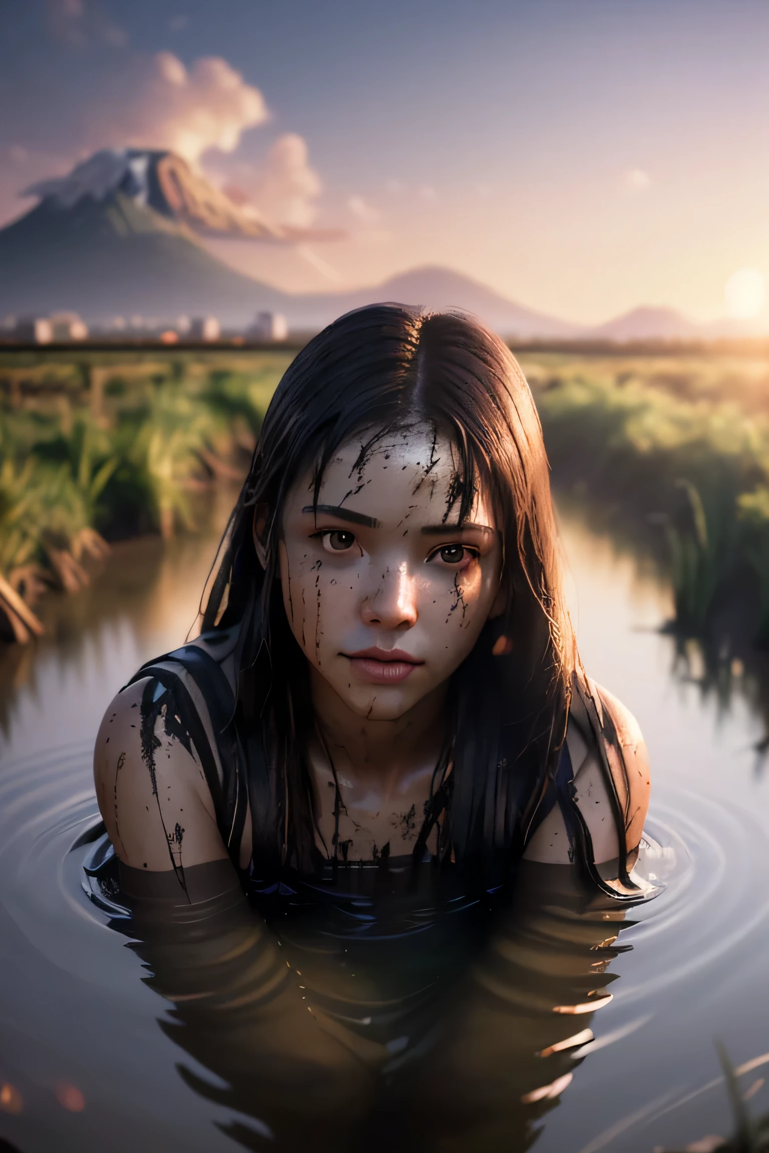 (masterpiece), (very complicated:1.3), (realistic), girl portrait, lying on her back floating on the surface of the mire, (dynamic perspective), the most beautiful in the world, (clothes covered with mud), from above, upper body, navel, outdoor, intense sunlight, distant factory group, Kure, Hiroshima, Stunning female professional photo details, sharp focus, dramatic, Award history, cinematic lighting, Octane Rendering Unreal Engine, volumetrics dtx, (film grain, blurred background, blurred foreground, Bokeh, Depth of the bounds written, sunset, motion blur:1.3)