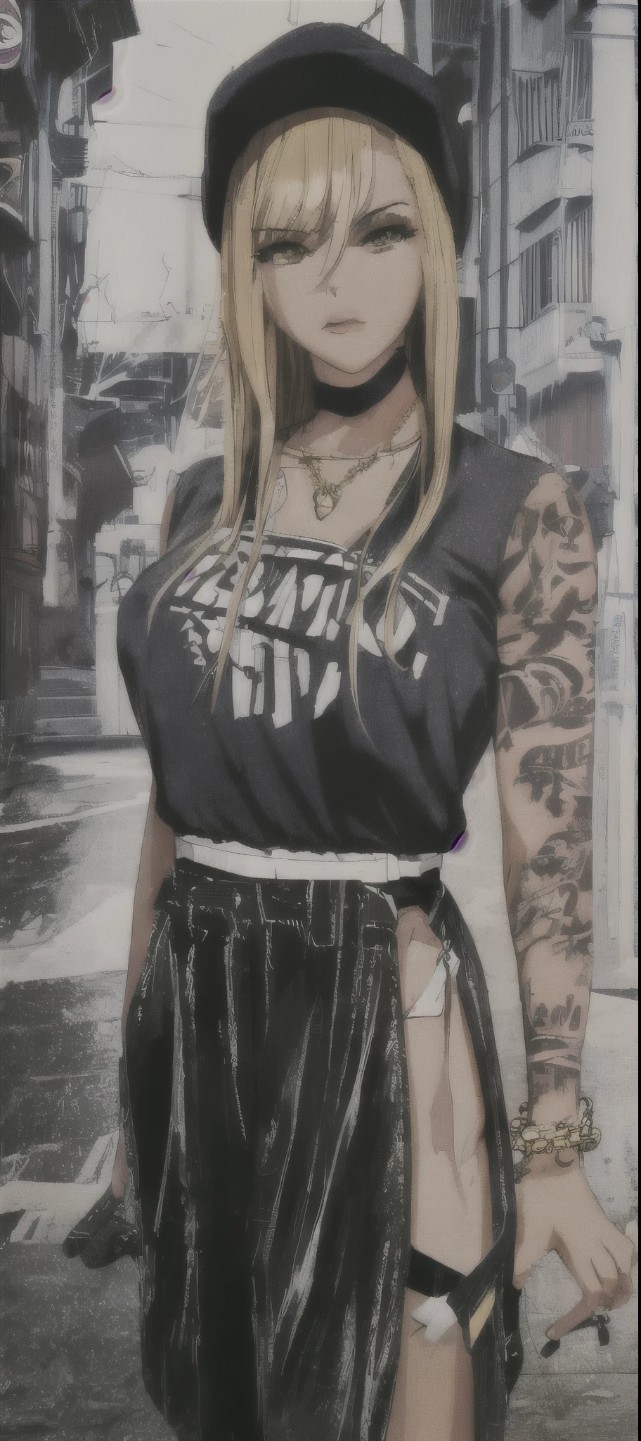 90s style tall thug gangsta, female, with gun, saggy creased baggy stylish hip hop clothing, intimidating eyes, glossy lips, detailed facial features, dark contrast, dark, gritty atmosphere graffitied urban ghetto background, long chain necklace, multiple gold bracelets, tattoos, street swagger, confident pose, dark shadows, high contrast, urban fashion style,, bold brush strokes, dynamic composition, highres, masterpiece:1.2, ultra-detailed, , HDR, studio lighting