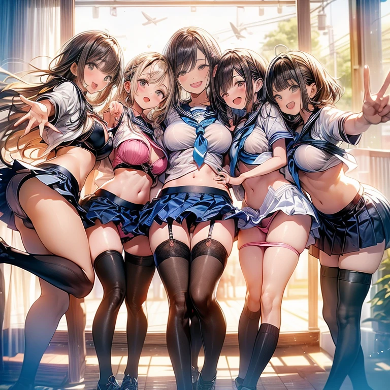 nswf:1.3,(masterpiece: 1.2, highest quality, masterpiece, Clearer images), (Bright colors), ((Take clear photos even from a distance)), (multiple girls), (Harem), (School classmates), (((All school uniforms have the same design))), (((Everyone is wearing the same navy blue skirt))), (()), ((prostitution婦)), (prostitution宿, on the bed), (cute Japanese((6 girls))), (((infant'face))), ((group shot)), (group selfie), ((ass visible through thighs))、 (Full body diagram from head to toe), front, frontやや下からの構図, symmetry, 18 year old tall girl, alone, (whole body from head to toe),wide angle, soft light, ((((laugh with your mouth wide open)))), (slightly larger breasts), ((prostitution)), (lure), ((viewers love it)), (((A lot of hearts are flying))), Landscape、(((show panty:1.6)))、((((open legs:1.5)))、((female masturbation:1.8))、((breast grab:1.3)),(((bra lift:1.2)))、(skirt lift:1.3) 、one eye closed、stick out one's crotch、((youth))、black tights、black stockings、black pantyhose、black stockingsックス、standing on one leg
