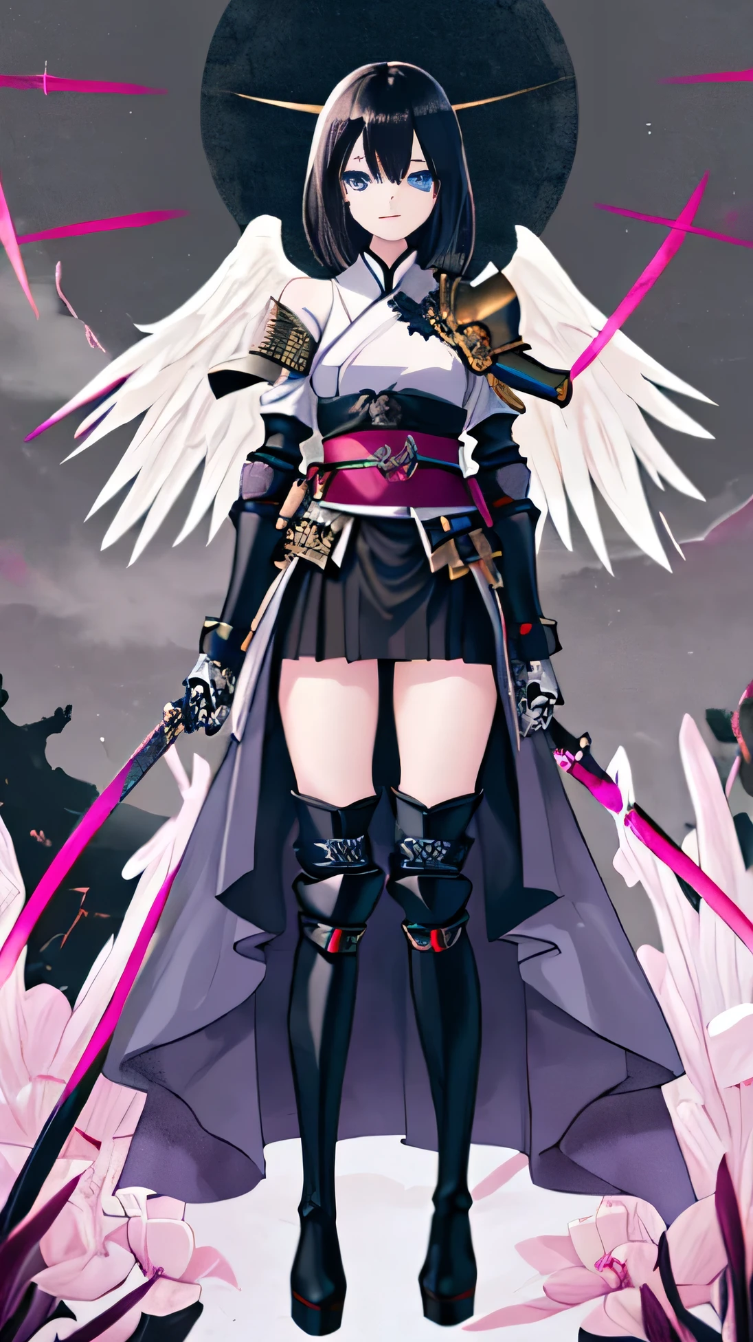 girl　Japanese sword　black hair　blue eyes　Knee-high boots　slit long skirt　Angel　skeleton　Armor on shoulders and waist　