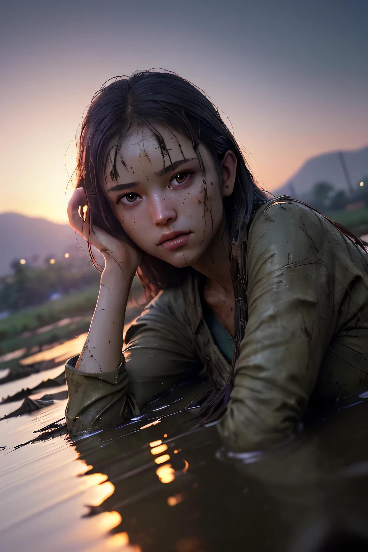 (masterpiece), (very complicated:1.3), (realistic), girl portrait, lying on her back floating on the surface of the mire, (dynamic perspective), the most beautiful in the world, (clothes covered with mud), from above, upper body, navel, outdoor, intense sunlight, distant factory group, Kure, Hiroshima, Stunning female professional photo details, sharp focus, dramatic, Award history, cinematic lighting, Octane Rendering Unreal Engine, volumetrics dtx, (film grain, blurred background, blurred foreground, Bokeh, Depth of the bounds written, sunset, motion blur:1.3)
