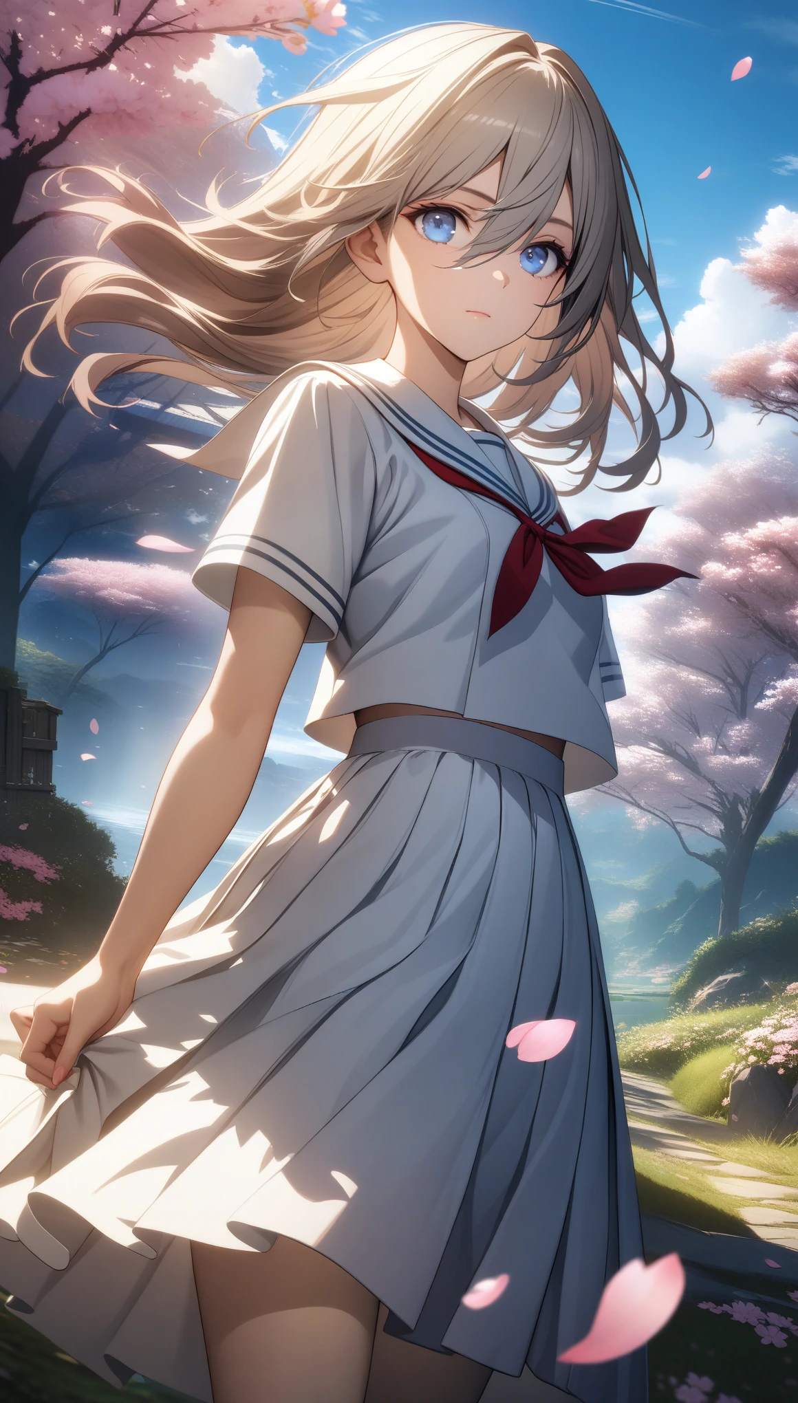32k, best quality, ultra high res, HDR, UHD, extremely detailed CG, unity 32k wallpaper, solo, hair between eyes, blue eyes, closed mouth, standing, flower, outdoors, sky, cloud, tree, petals, floating hair, cherry blossoms, pink flower, (white sailor suit),