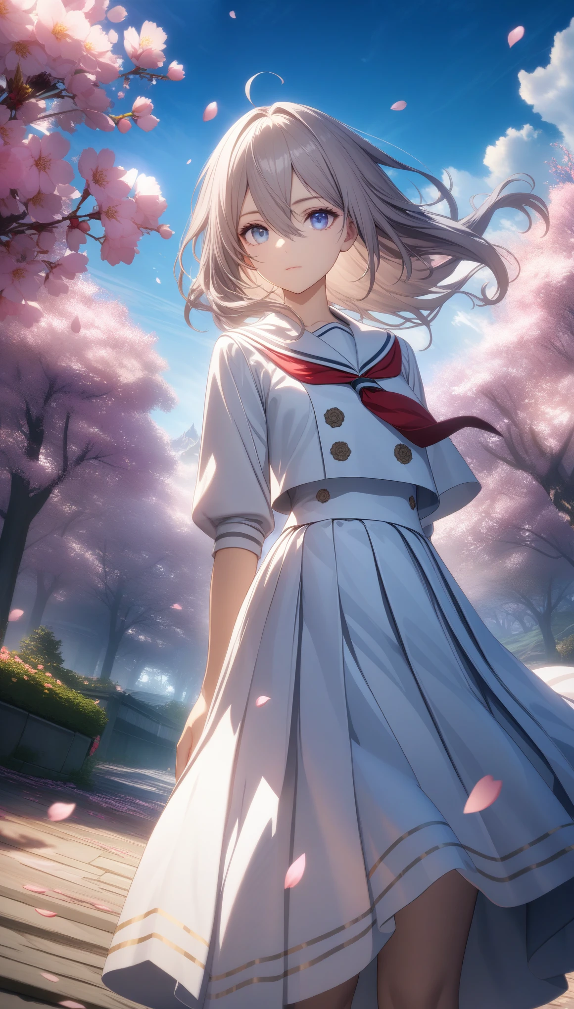 32k, best quality, ultra high res, HDR, UHD, extremely detailed CG, unity 32k wallpaper, solo, hair between eyes, blue eyes, closed mouth, standing, flower, outdoors, sky, cloud, tree, petals, floating hair, cherry blossoms, pink flower, (white sailor suit),