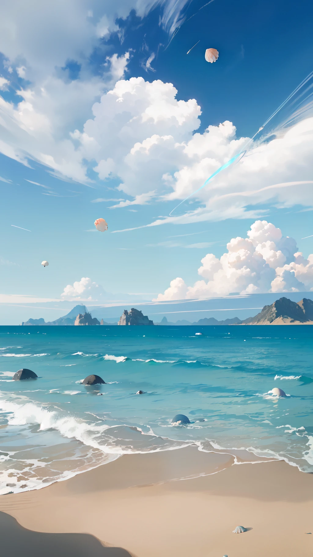Mountain peaks in the distance from the sandy beach, the beach, (super many shells: 1.5), the sky is represented by space, large planets can also be seen, rich colors, high saturation, movie lighting, beautiful, vivid and sunny animated movie stills, Ghibli style, --v 6