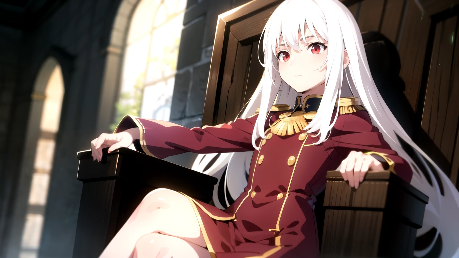red uniform, dynamic pose, vibrant colors, magical glow, anime style, high resolution, realistic rendering, white hair, in her early twienties, red eyes, realistic, sitting on a throne inside the throne room, cute girl, big chest,