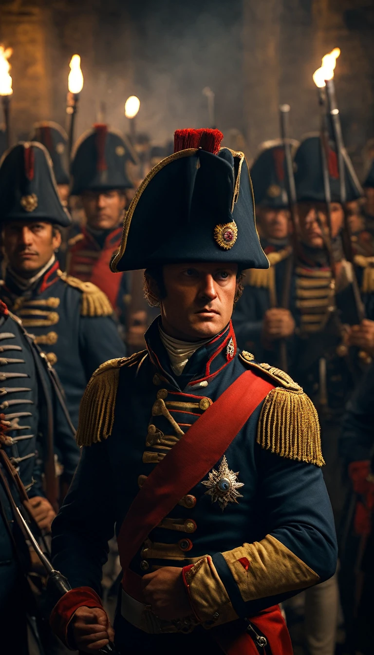 Surround Napoleon with his unrivaled army, depicted in meticulous detail, with soldiers marching in perfect formation, background dark, hyper realistic, ultra detailed hyper realistic, photorealistic, Studio Lighting, reflections, dynamic pose, Cinematic, Color Grading, Photography, Shot on 50mm lens, Ultra-Wide Angle, Depth of Field, hyper-detailed, beautifully color, 8k