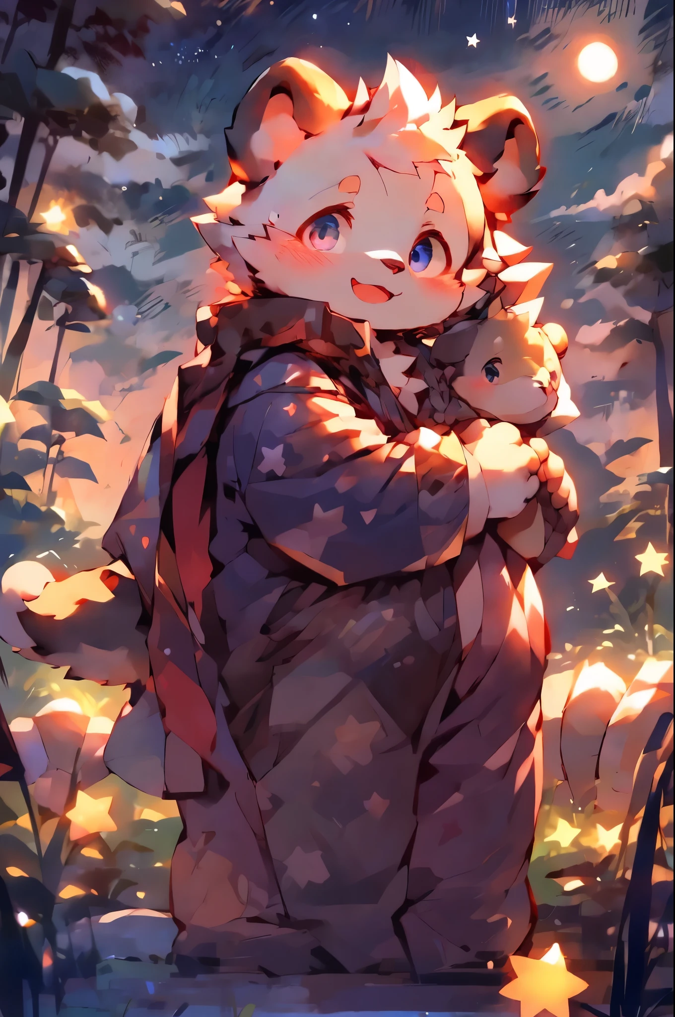 White Bear Boy,white fur,Black ears,individual,obesity,cute,Smile,blush,night,Open one eye,Star,moon,grassland,blue pajamas,睡衣上有Star图案
