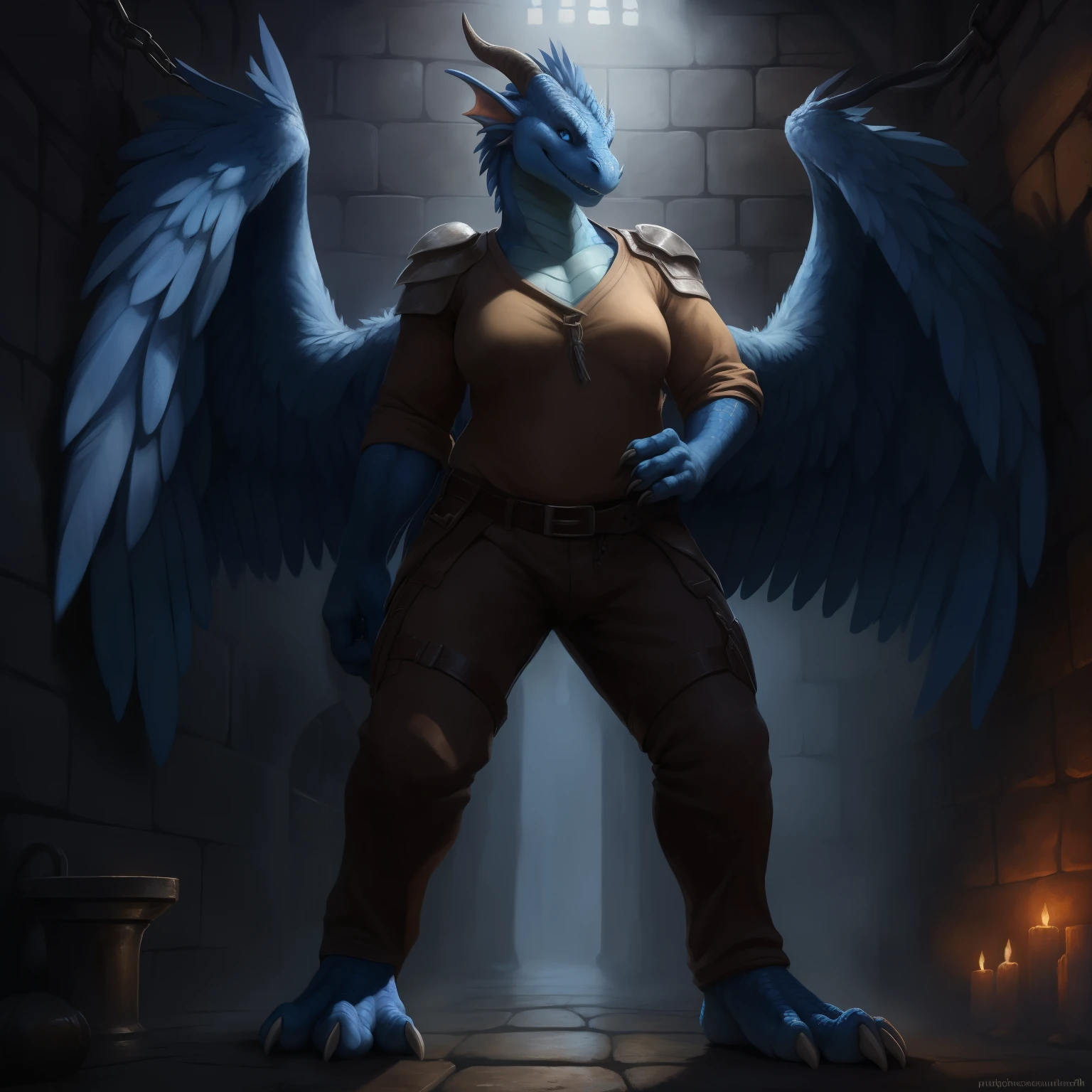 (((solo))), hd, a beautiful and detailed portrait of a big female feral scalie, dragon, saphira, golden skin, blue feathered wings, horn, (((dungeon, dark fog, detailed background))), (((big breaths)), template, blue scales, blue eyes, blue body, big body, big blue feathers, big blue scales, non-mammal breasts, membranous wings, sexy body. tan_countershading, tan body, goddess, kenket, Ross Tran,ruan jia, trending on artstation, foxovh, cenematic lighting, body, big body, front view, against wall, feets, close up view, big , big , big , pink nipples, black under shirt, medieval battle armor, (((standing, arms in air, bound, tied arms, open legs, feets, looking at viewer, open mouth, angry, sweating)))
