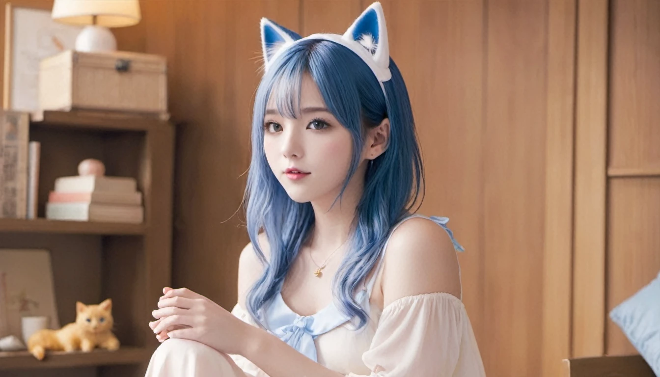 (1girl)、Cat ear、blue hair、golden eyes、Girl playing pop songs、Warm-colored dress、Fluttery clothing、Spin around