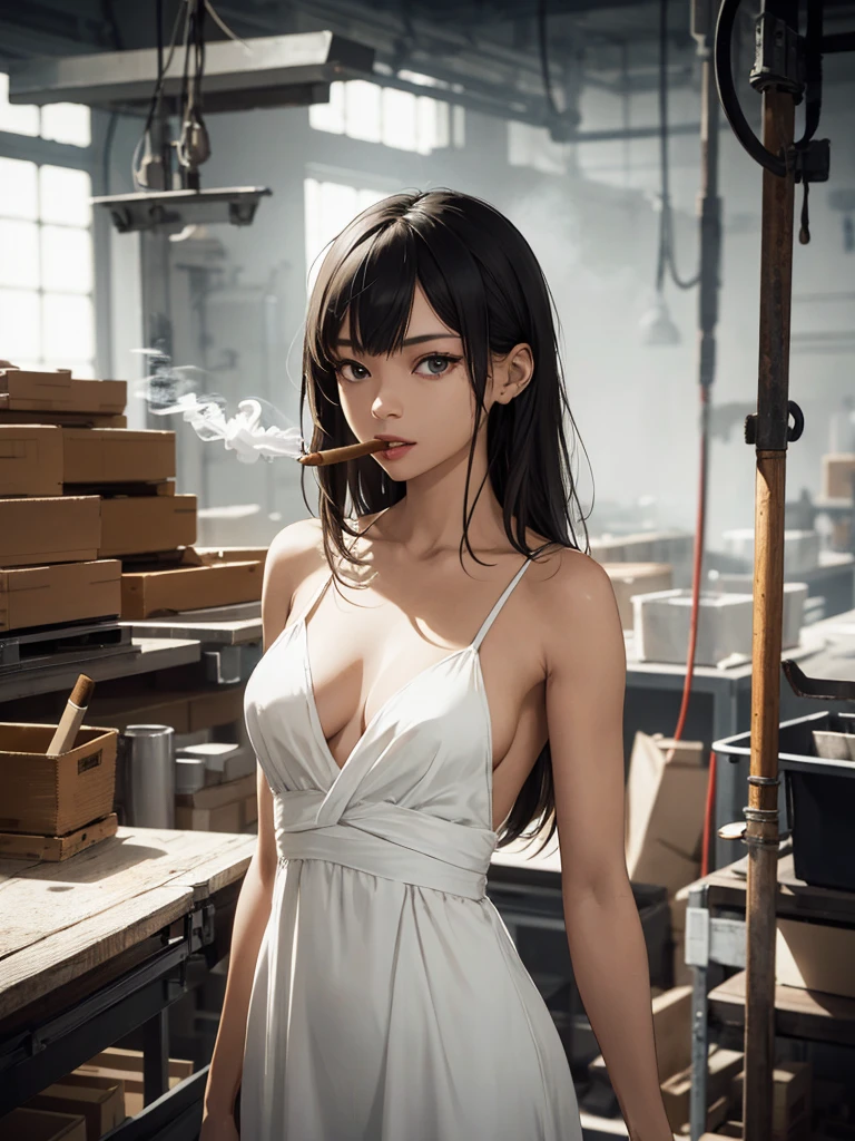 absurdres, highres, ultra detailed, (1girl:1.3), BREAK , Create a minimalist design, with clean lines, simple shapes, and a focus on composition and balance, BREAK. focus on the subtle details and atmosphere of the scene, BREAK, Capture a room, cigar factory, production line, grey, low light, ambient smoke, BREAK, capture a girl, straight hair, pointed nose, cool girl, cool expression, smoke, ((more smoke)), detail eyes, 8k, ultra hd, detail, ultra detail, super detail, dress, white dress, (long dress), sharp eyes, fierce eyes, ((cigar in hand)), black straight hair, side bangs, focus on chest, open chest, sexy lips, lips juicy looks, large lips,
