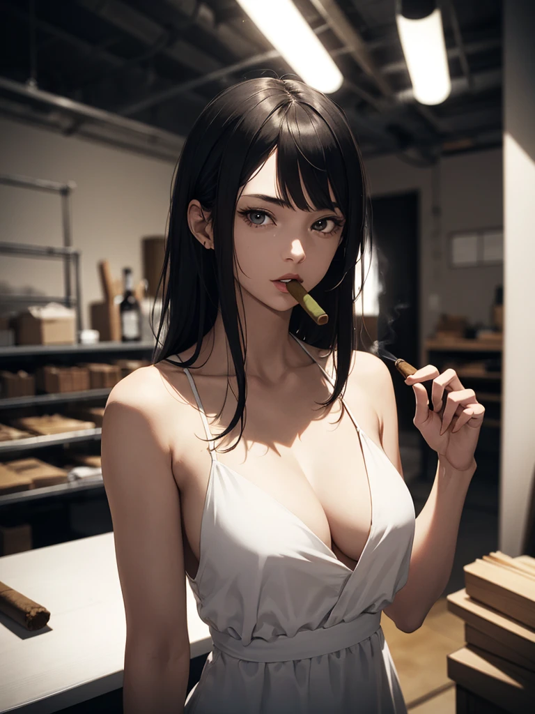 absurdres, highres, ultra detailed, (1girl:1.3), BREAK , Create a minimalist design, with clean lines, simple shapes, and a focus on composition and balance, BREAK. focus on the subtle details and atmosphere of the scene, BREAK, Capture a room, cigar factory, production line, grey, low light, ambient smoke, BREAK, capture a girl, straight hair, pointed nose, cool girl, cool expression, smoke, ((more smoke)), detail eyes, 8k, ultra hd, detail, ultra detail, super detail, dress, white dress, (long dress), sharp eyes, fierce eyes, ((cigar in hand)), black straight hair, side bangs, focus on chest, open chest, sexy lips, lips juicy looks, large lips,