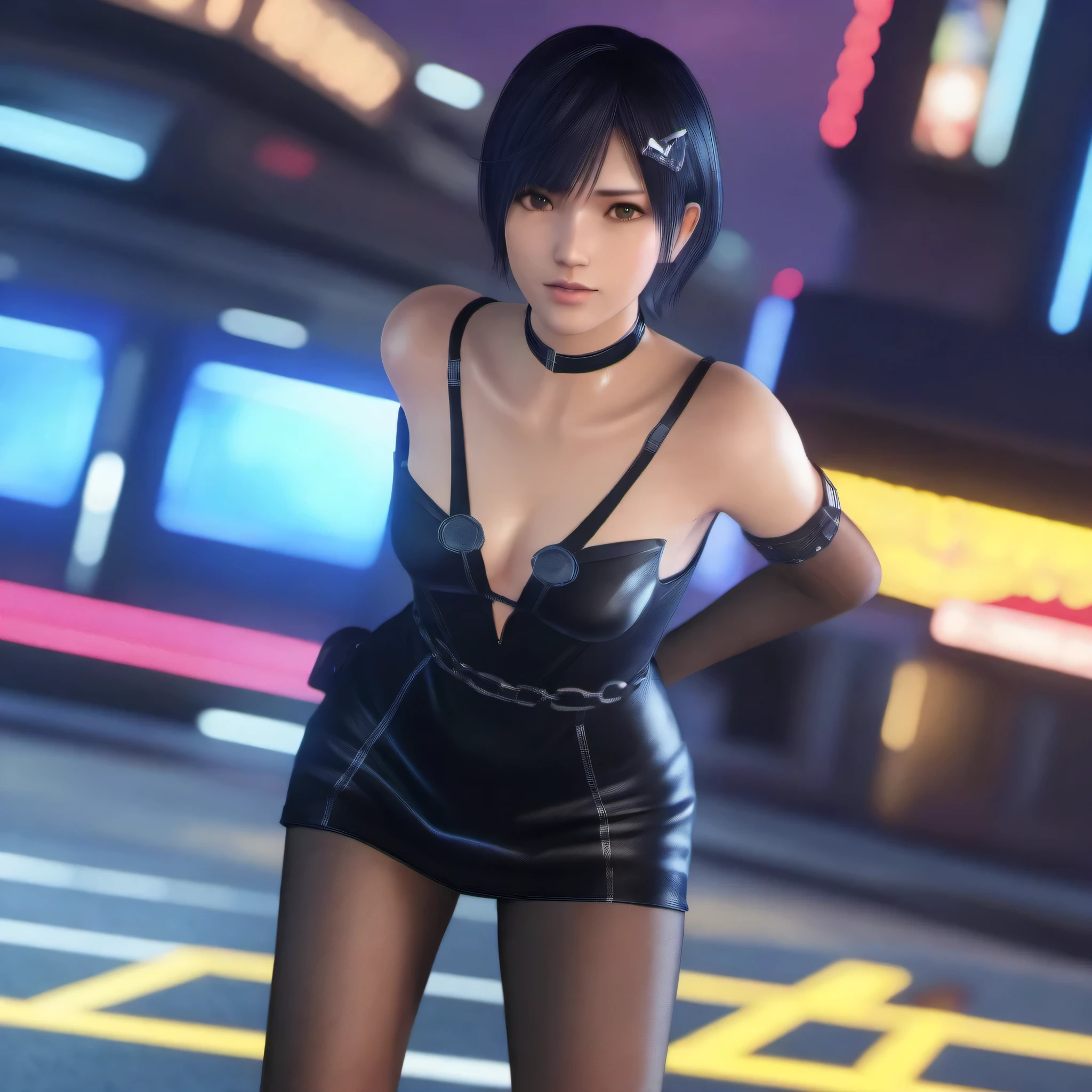 masterpiece, best quality, 1girl, nagisa, small breasts, short hair, evening gown, pantyhose, cleavage, looking at viewer, bare shoulders, cyberpunk background, dynamic pose, photography, warm light, cinematic lighting, from above, 