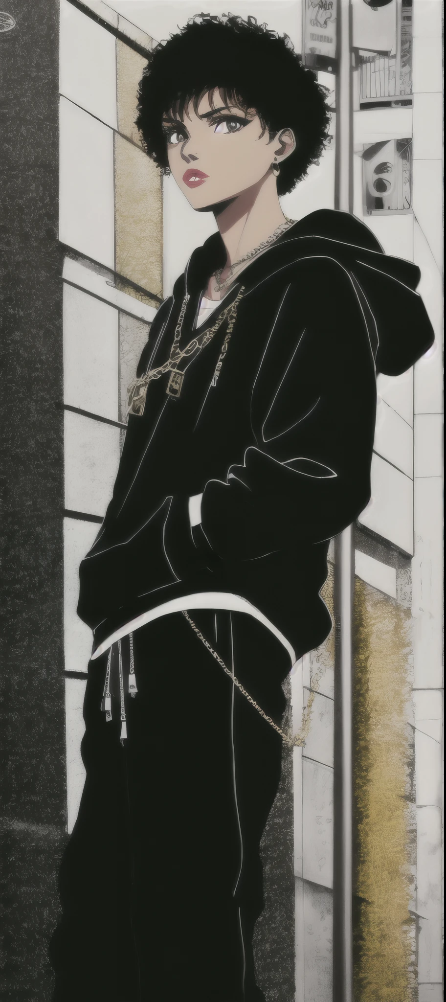 90s style tall thug gangsta, female, , saggy creased baggy stylish hip hop hoodie intimidating eyes, glossy lips, detailed facial features, dark contrast graffitied urban background, long chain necklace, multiple gold bracelets, tattoos, street swagger, confident pose, dark shadows, high contrast, urban fashion style, realistic street art, bold brush strokes, dynamic composition, highres, masterpiece:1.2, ultra-detailed, , HDR, studio lighting