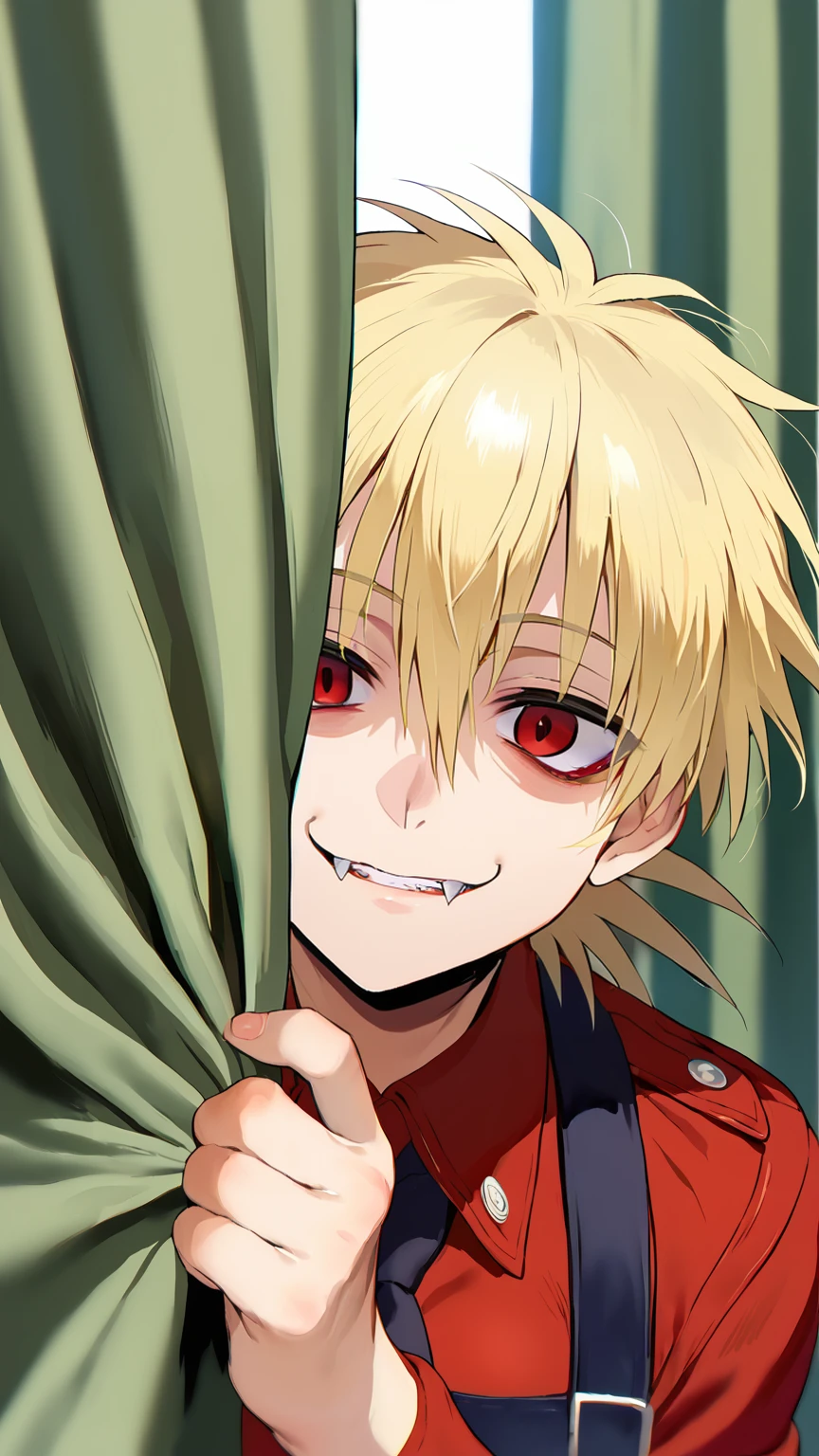 score_9_up score_8_up score_7_up, 1girl hellsing, messy hair, seras, just woke up, tired,  vampire, fangs, detailed, iku, ikuchan, peeking out, curtains, smile, blonde hair, red eyes