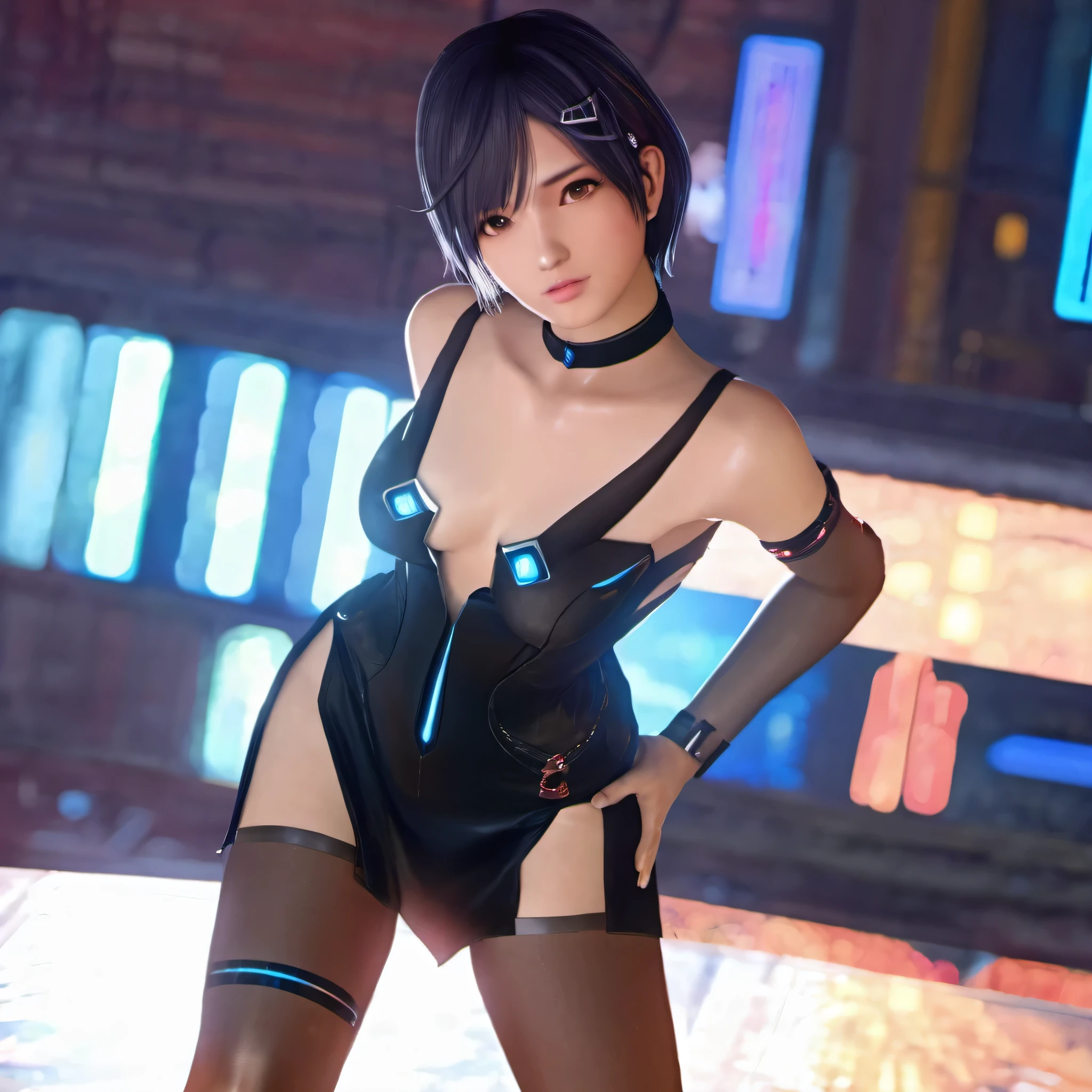 masterpiece, best quality, 1girl, nagisa, small breasts, short hair, evening gown, pantyhose, cleavage, looking at viewer, bare shoulders, cyberpunk background, dynamic pose, photography, warm light, cinematic lighting, from above, 