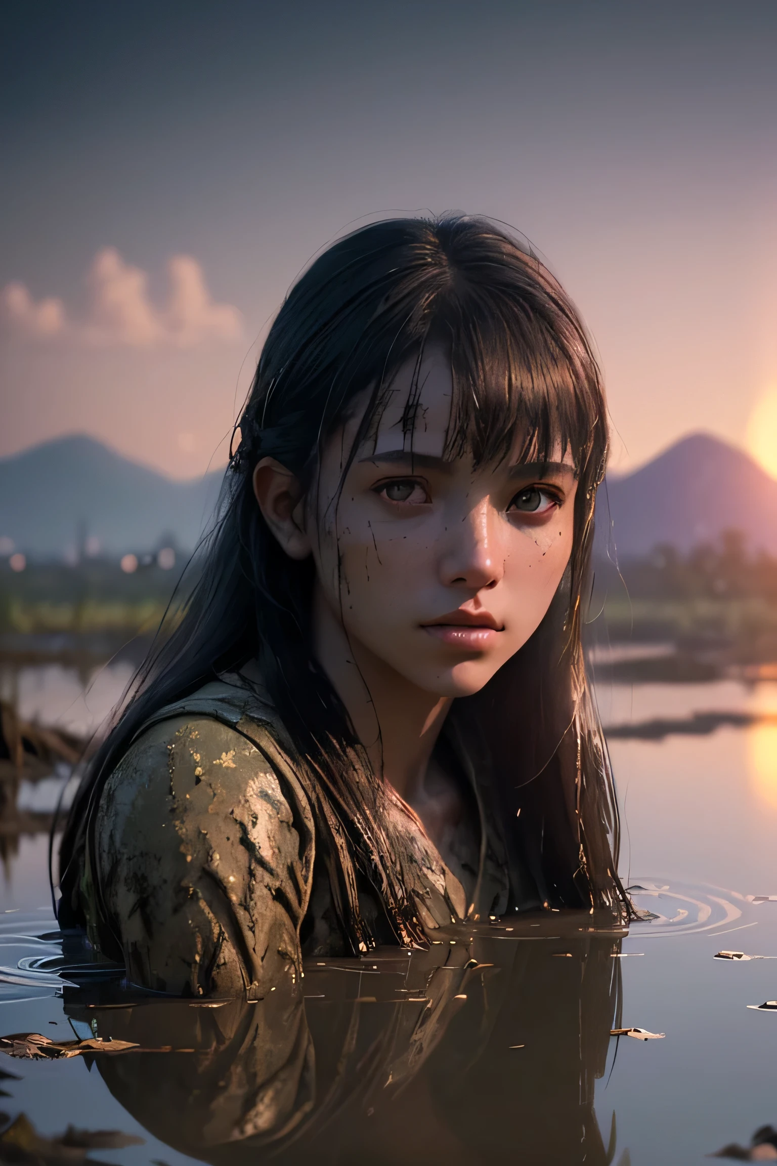 (masterpiece), (very complicated:1.3), (realistic), girl portrait, lying on her back floating on the surface of the mire, (dynamic perspective), the most beautiful in the world, (clothes covered with mud), from above, upper body, navel, outdoor, intense sunlight, distant factory group, Kure, Hiroshima, Stunning female professional photo details, sharp focus, dramatic, Award history, cinematic lighting, Octane Rendering Unreal Engine, volumetrics dtx, (film grain, blurred background, blurred foreground, Bokeh, Depth of the bounds written, sunset, motion blur:1.3)